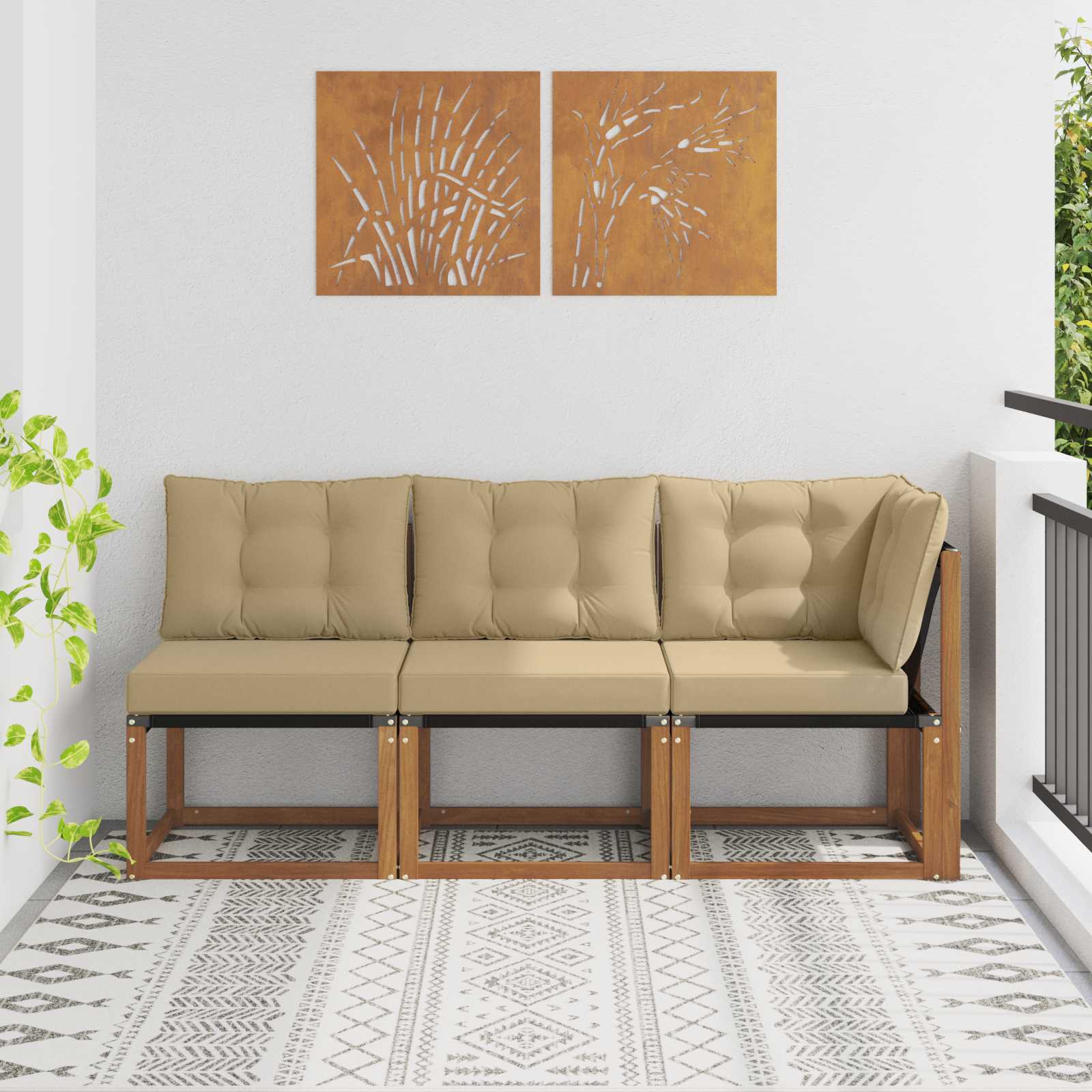 vidaXL Outdoor Mittel- und Ecksofa mit Kissen 3 Stück Natur