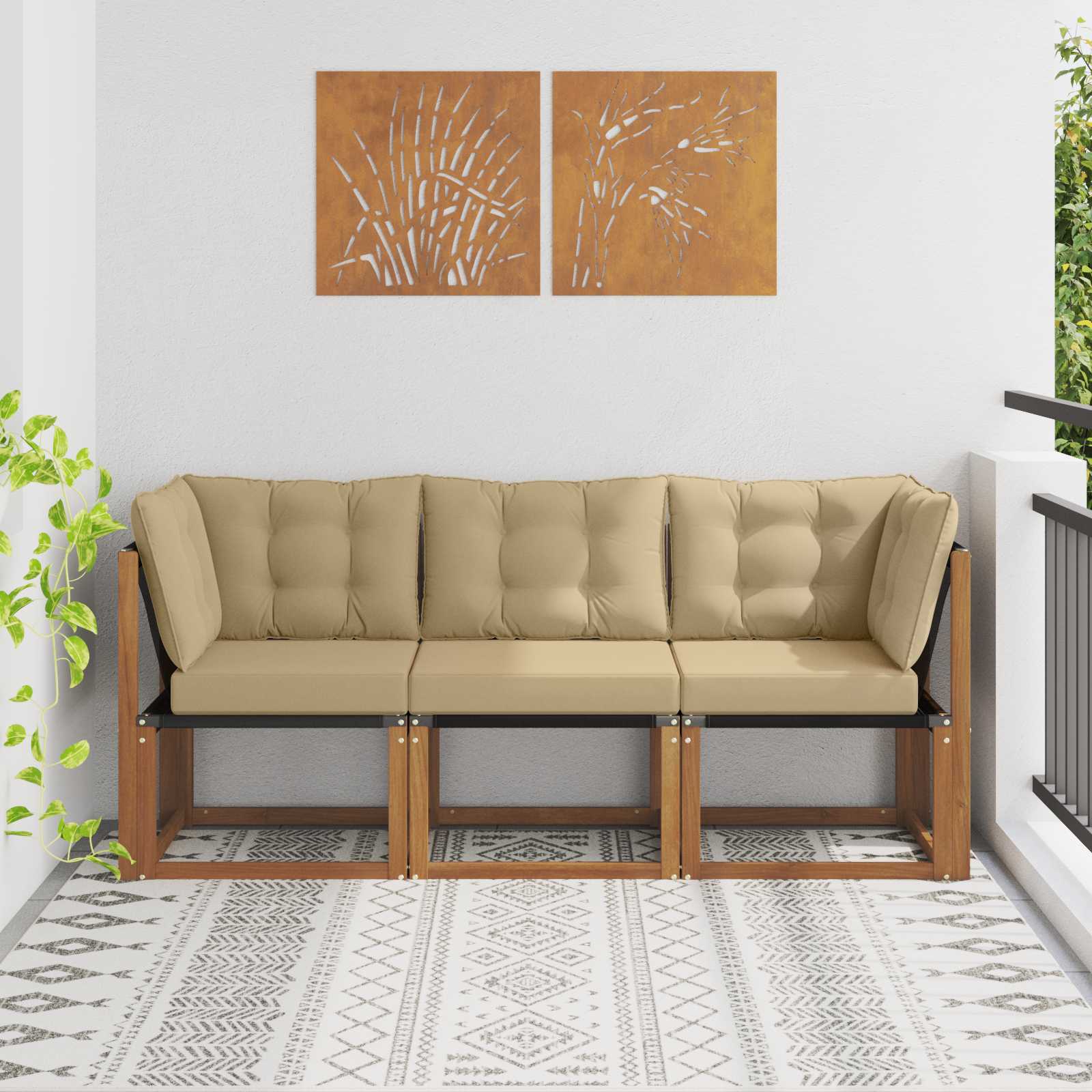 vidaXL Outdoor Mittel- und Ecksofa mit Kissen 3 Stück Natur