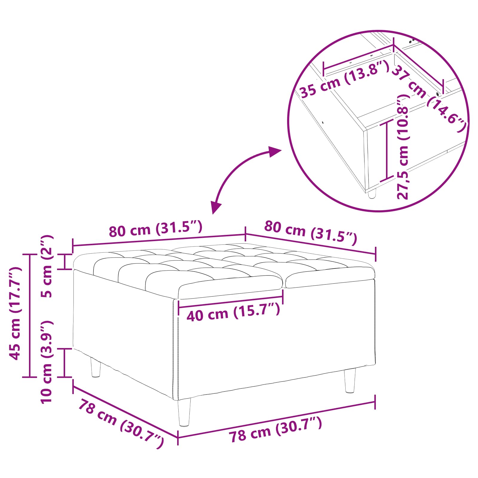 Shranjevalna tabureta z blazino Modra 80 x 80 x 45 cm Žamet - slika 11