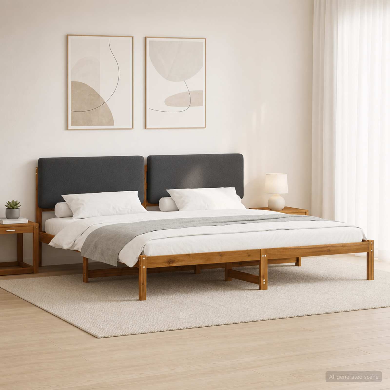 Sengestel med polstret hovedgavl 200 x 200 cm - naturfarvet/mørkegrå