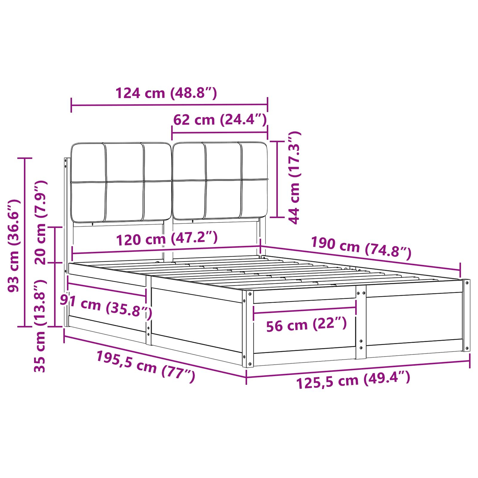 Voodiraam Pehme Peatoega peaga Tumehall 120 x 190 cm Tahke mänd 34 Kõik vajalik sinu aeda ja koju! Voodiraam Pehme Peatoega peaga Tumehall 120 x 190 cm Tahke mänd - Image 11