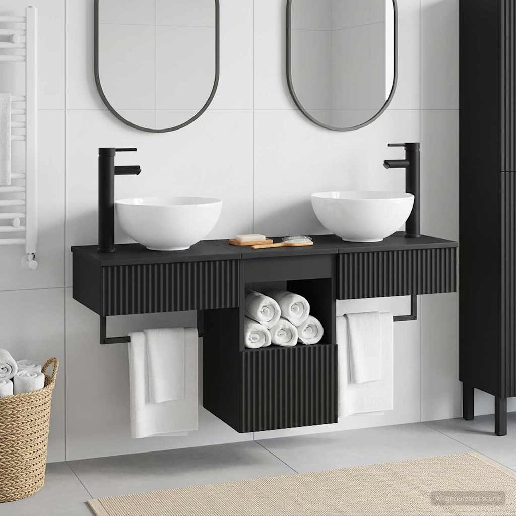 Комплект мебели за баня 3 бр. Черно Инженерна дървесина