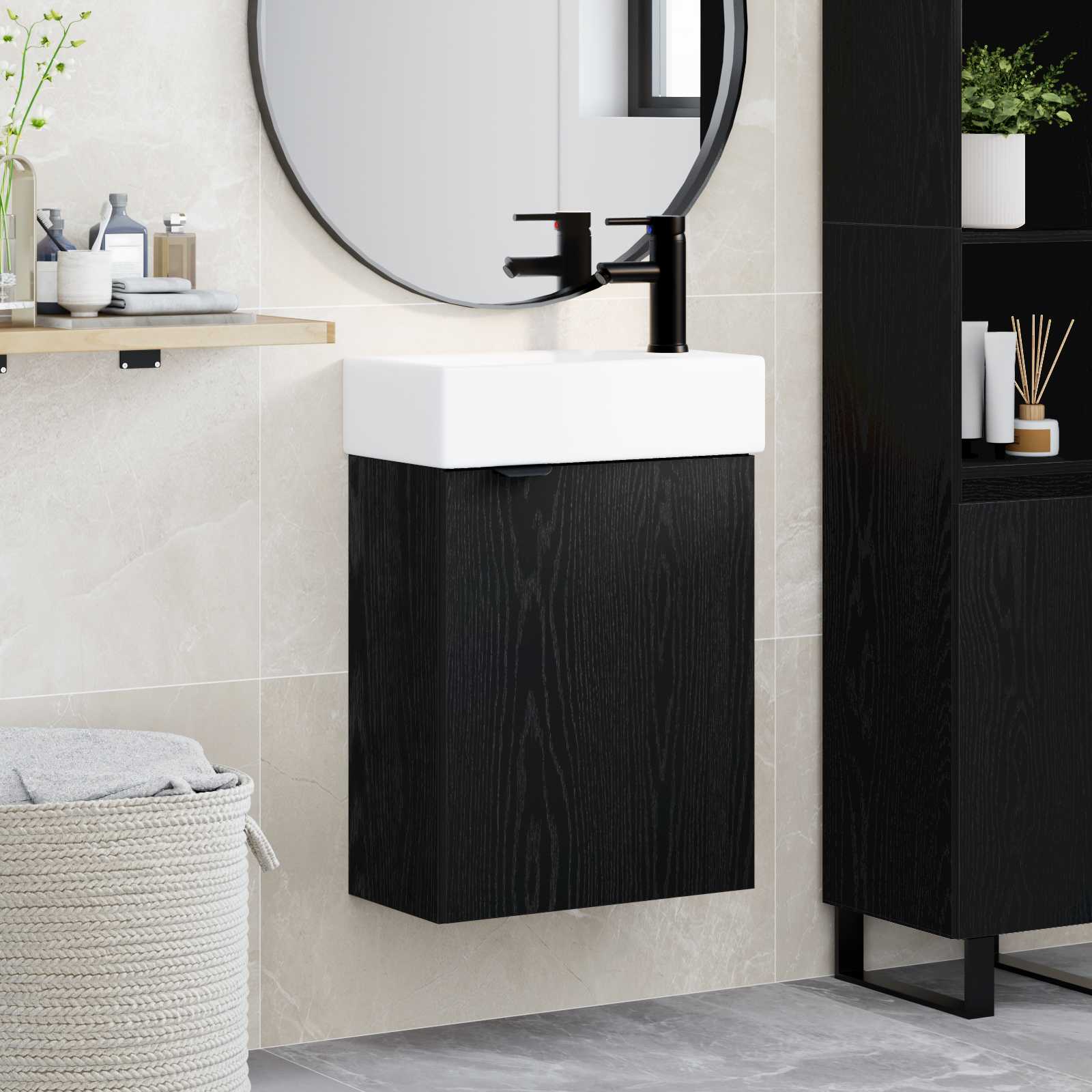 vidaXL Unitate de baie cu robinet Stejar Negru 45,5 x 22,5 x 84 cm