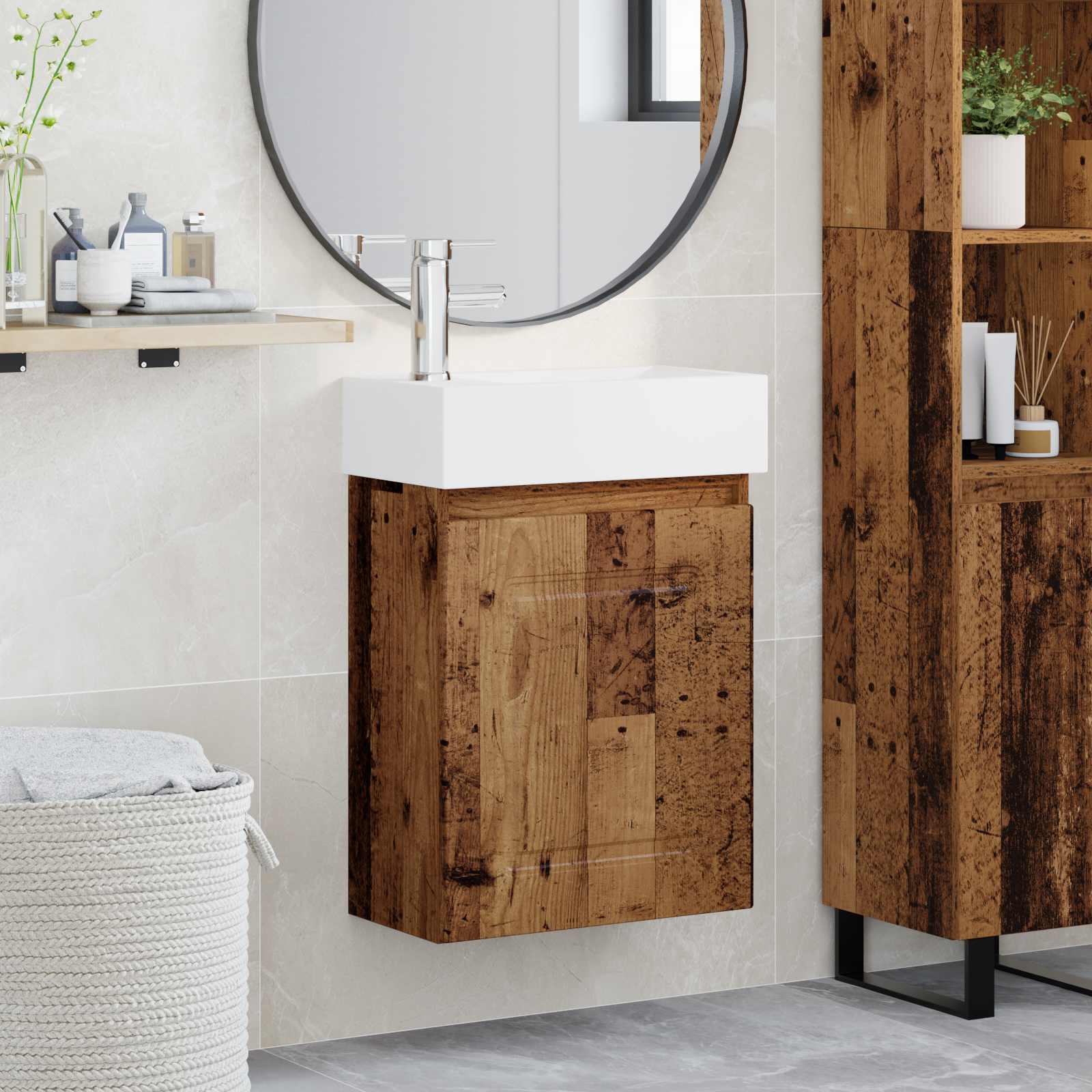 vidaXL Unitate de baie cu robinet Lemn vechi 45,5 x 22,5 x 84 cm