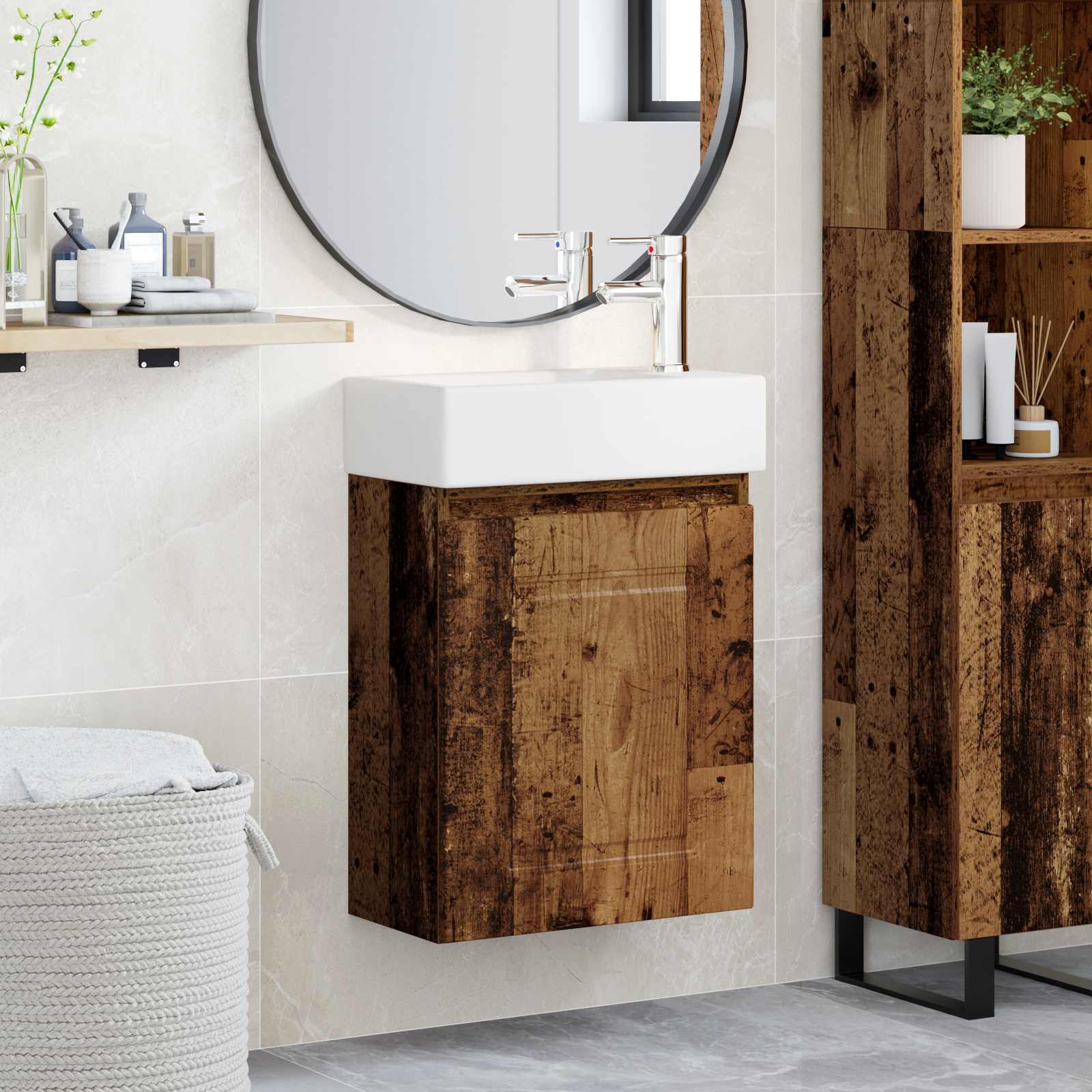 vidaXL Unitate de baie cu robinet Lemn vechi 45,5 x 22,5 x 84 cm