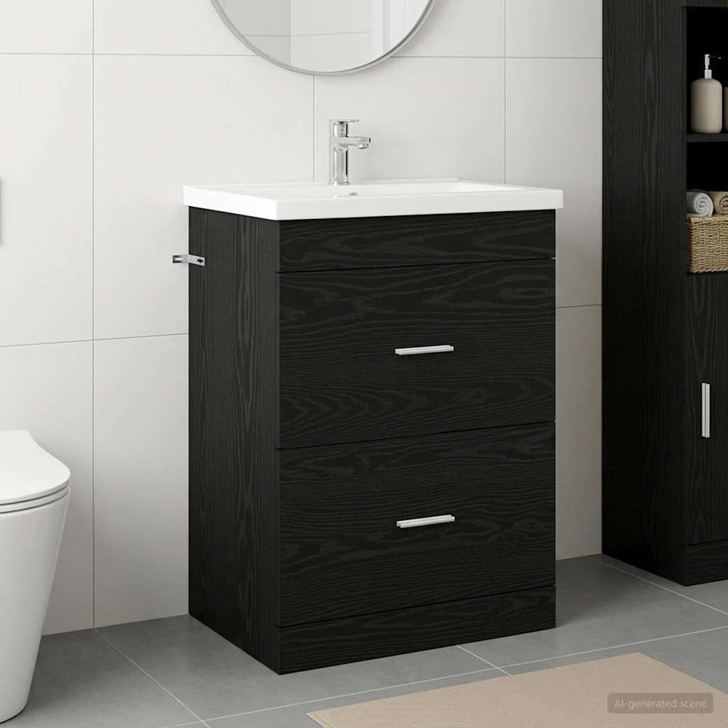 vidaXL Dulap sub chiuvetă pentru baie Stejar Negru 56 x 37,5 x 81 cm