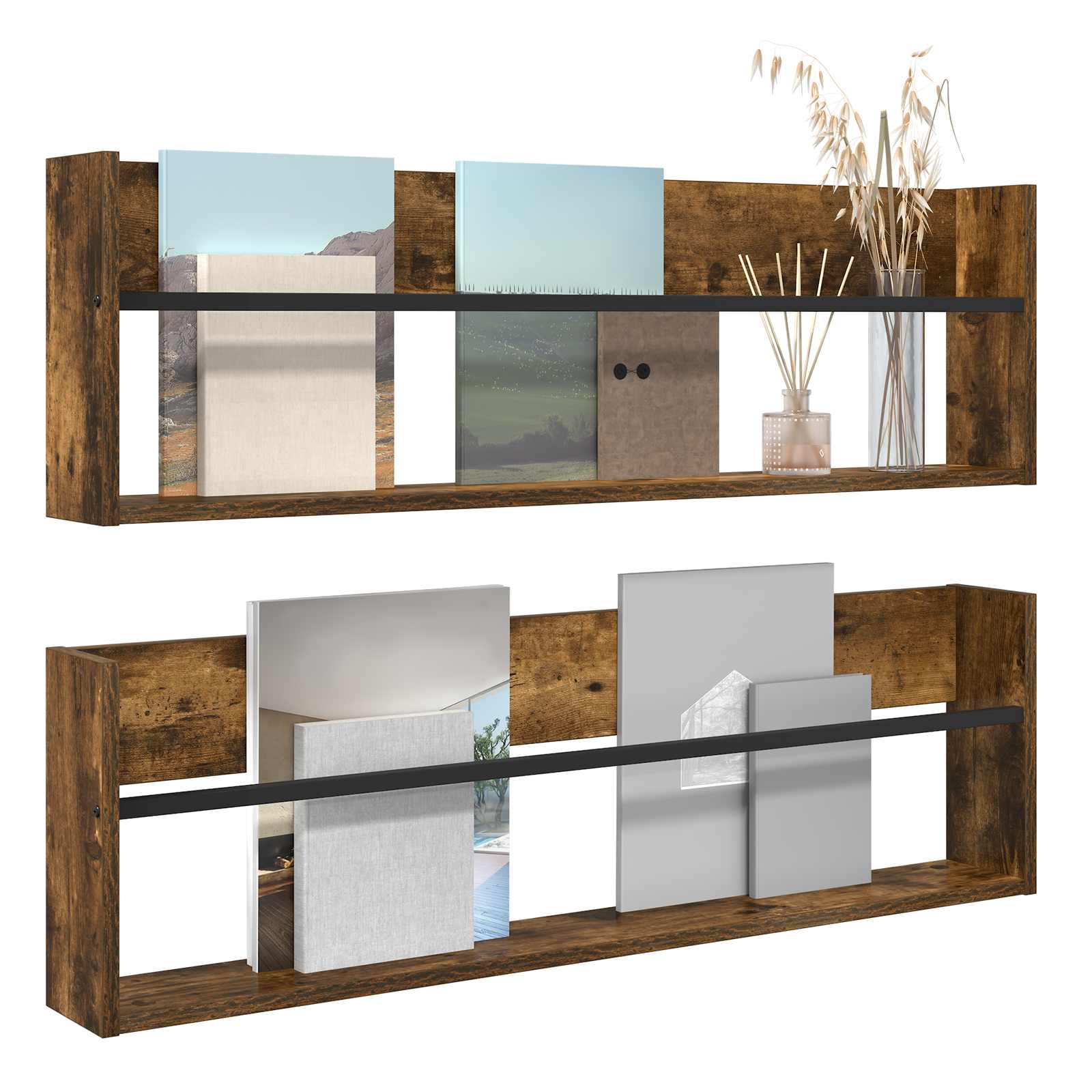 vidaXL Tijdschrift Rek met plank 2 pcs Gerookt eiken 100 x 12 x 30 cm