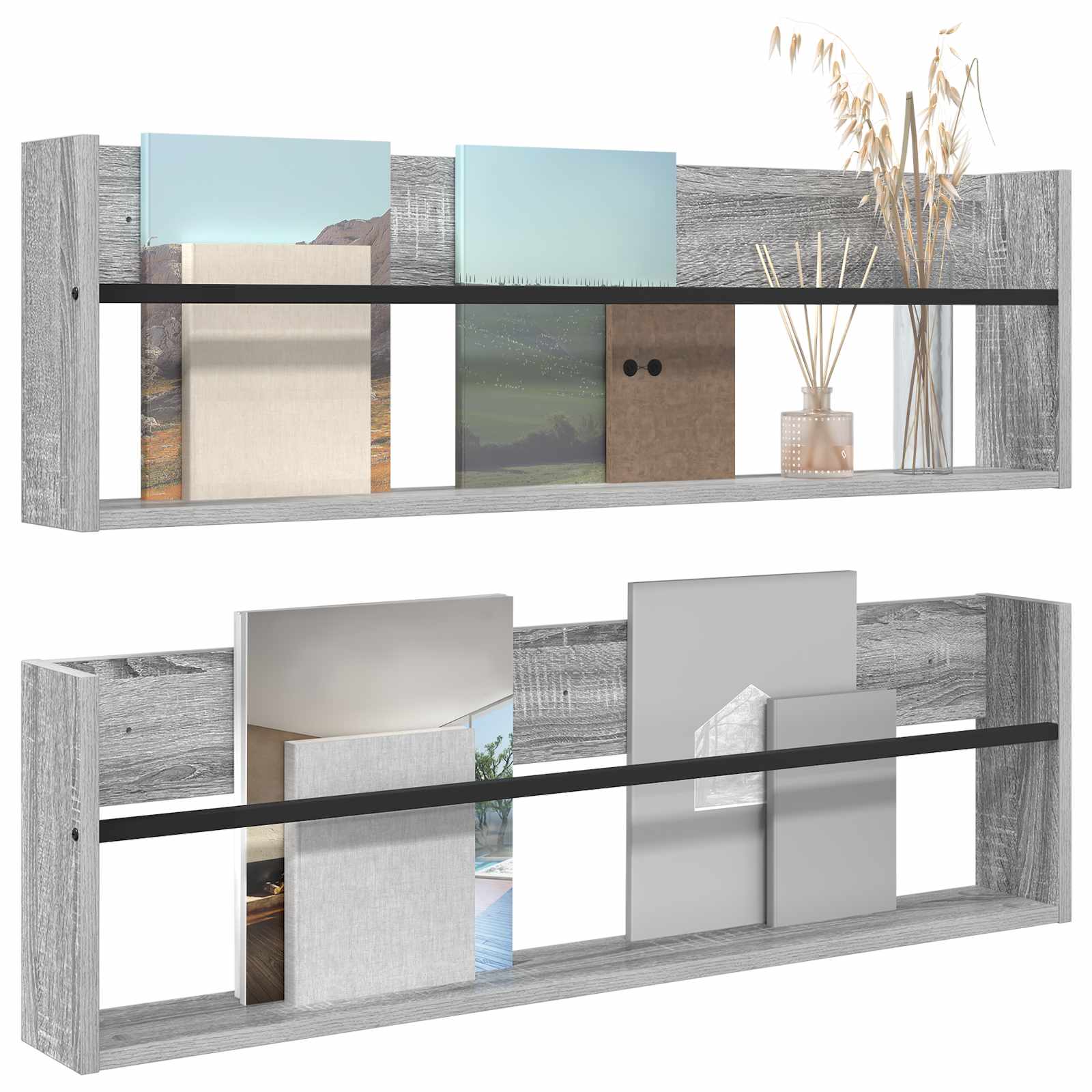 vidaXL Tijdschrift Rek met plank 2 pcs Grijs Sonoma 100 x 12 x 30 cm