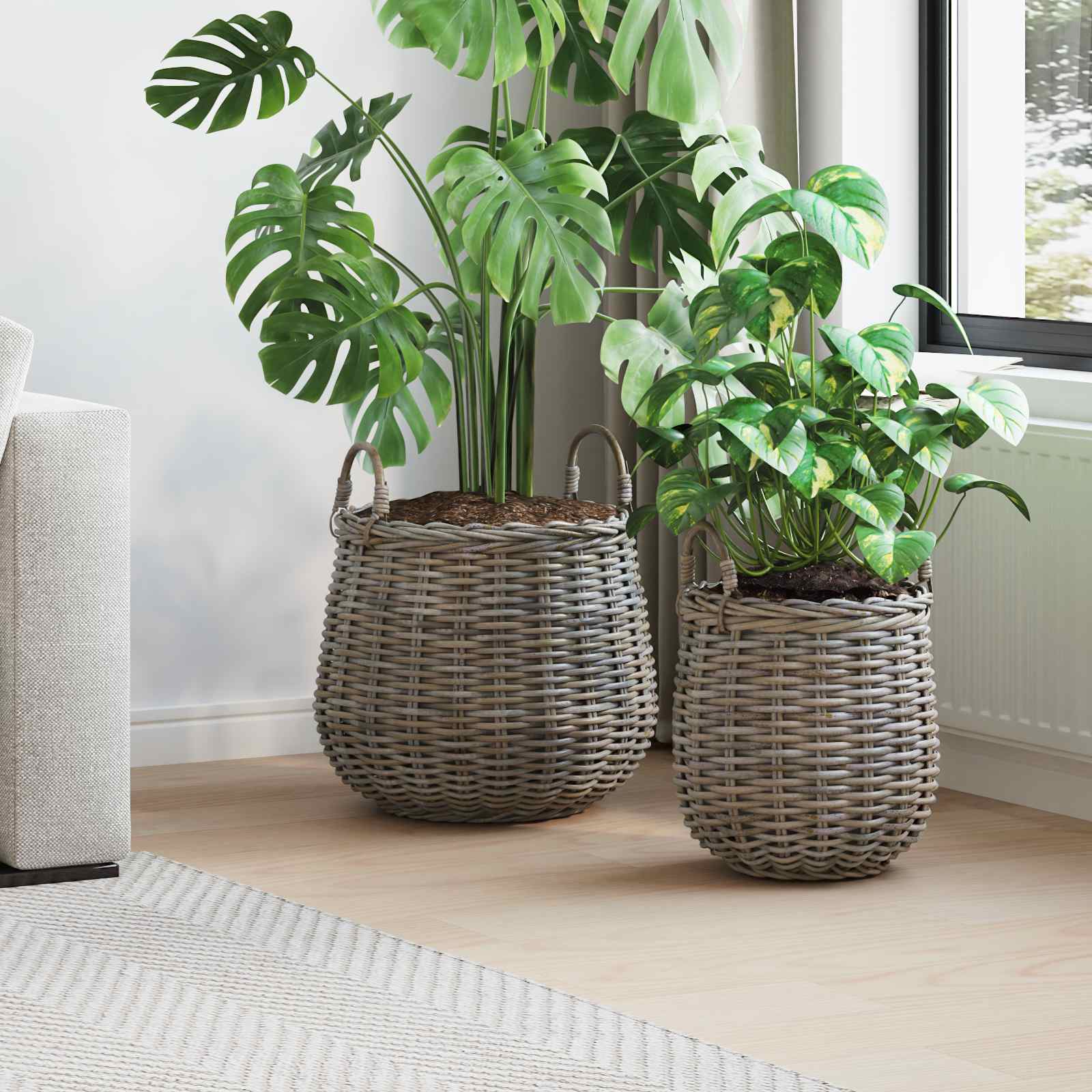 vidaXL Blumentopf Körbchen mit Speicher 2 pcs Grau Lacak Rattan