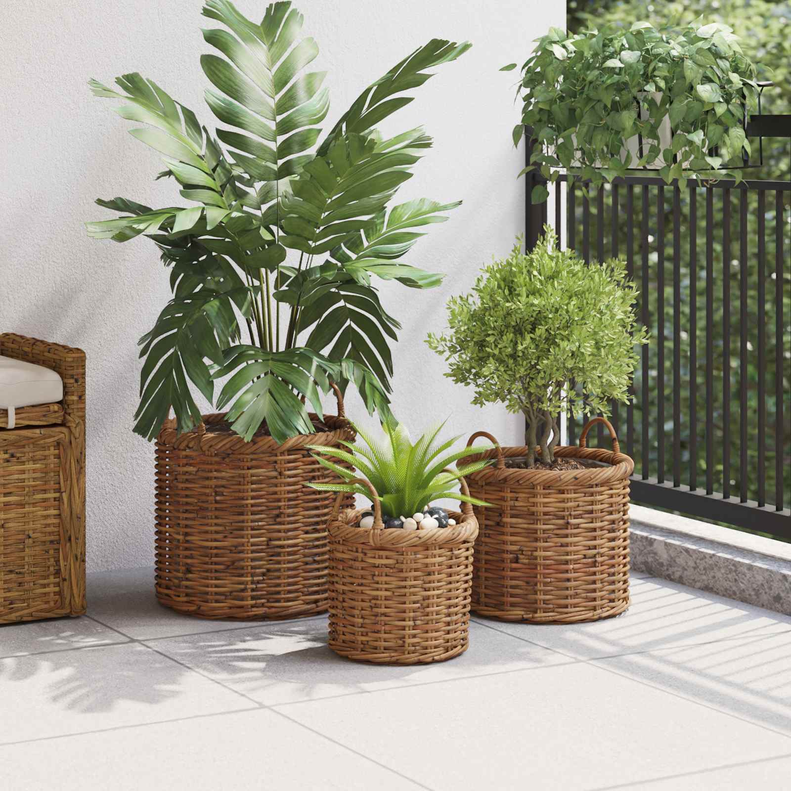 Thumbnail - vidaXL Blumentopfkorb mit Speicher 3 pcs Braun Natürliches Kubu Rattan