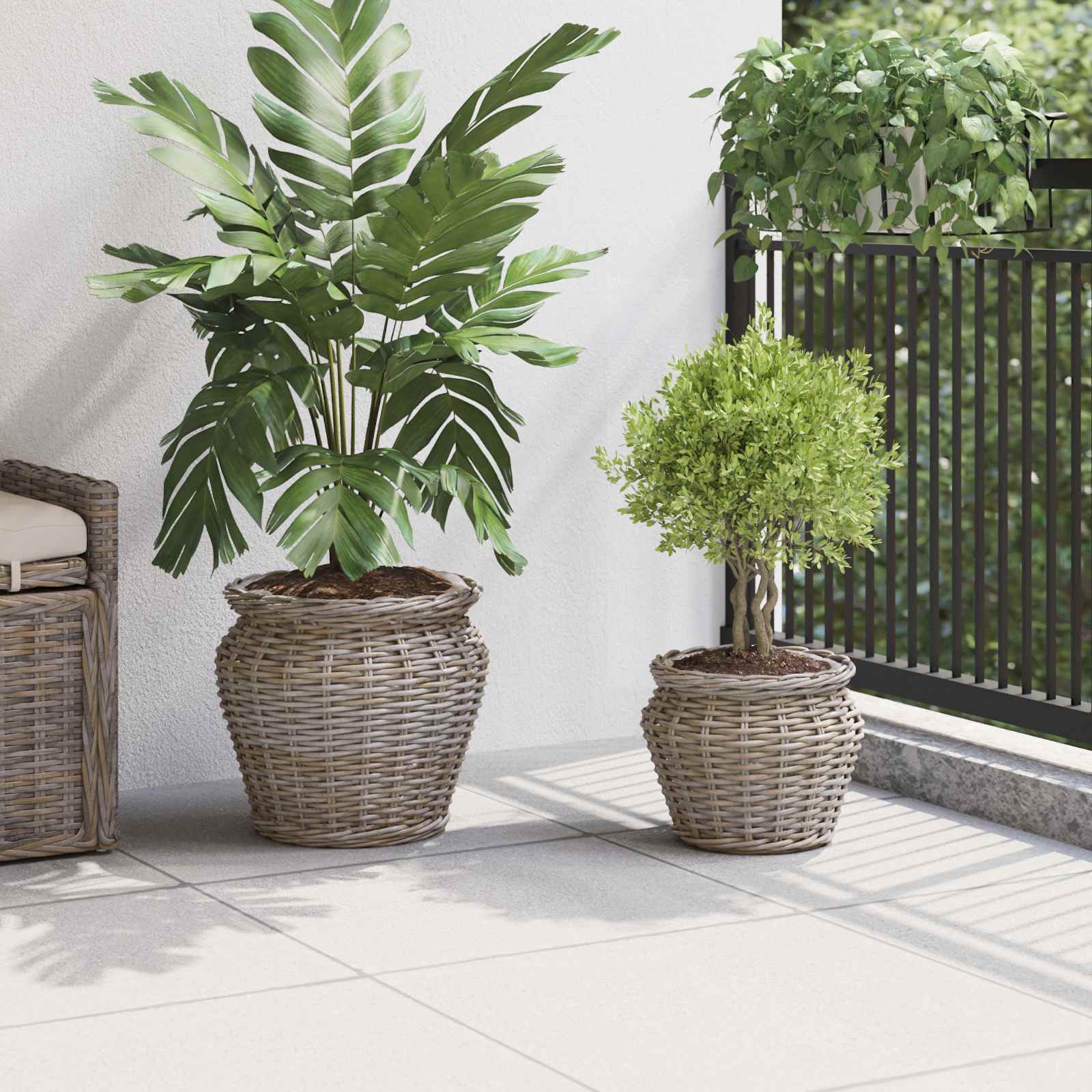 Thumbnail - vidaXL Blumentopfkorb mit Speicher 2 pcs Grau Lacak Rattan