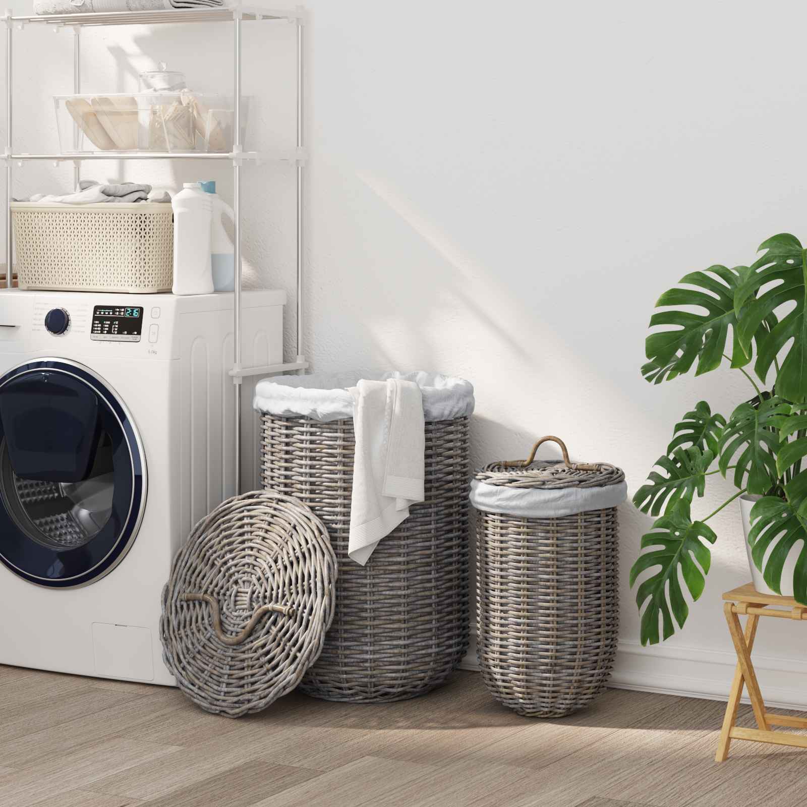 vidaXL Coș de rufe cu capac 2 pcs Gri Kubu Ratan Kubu