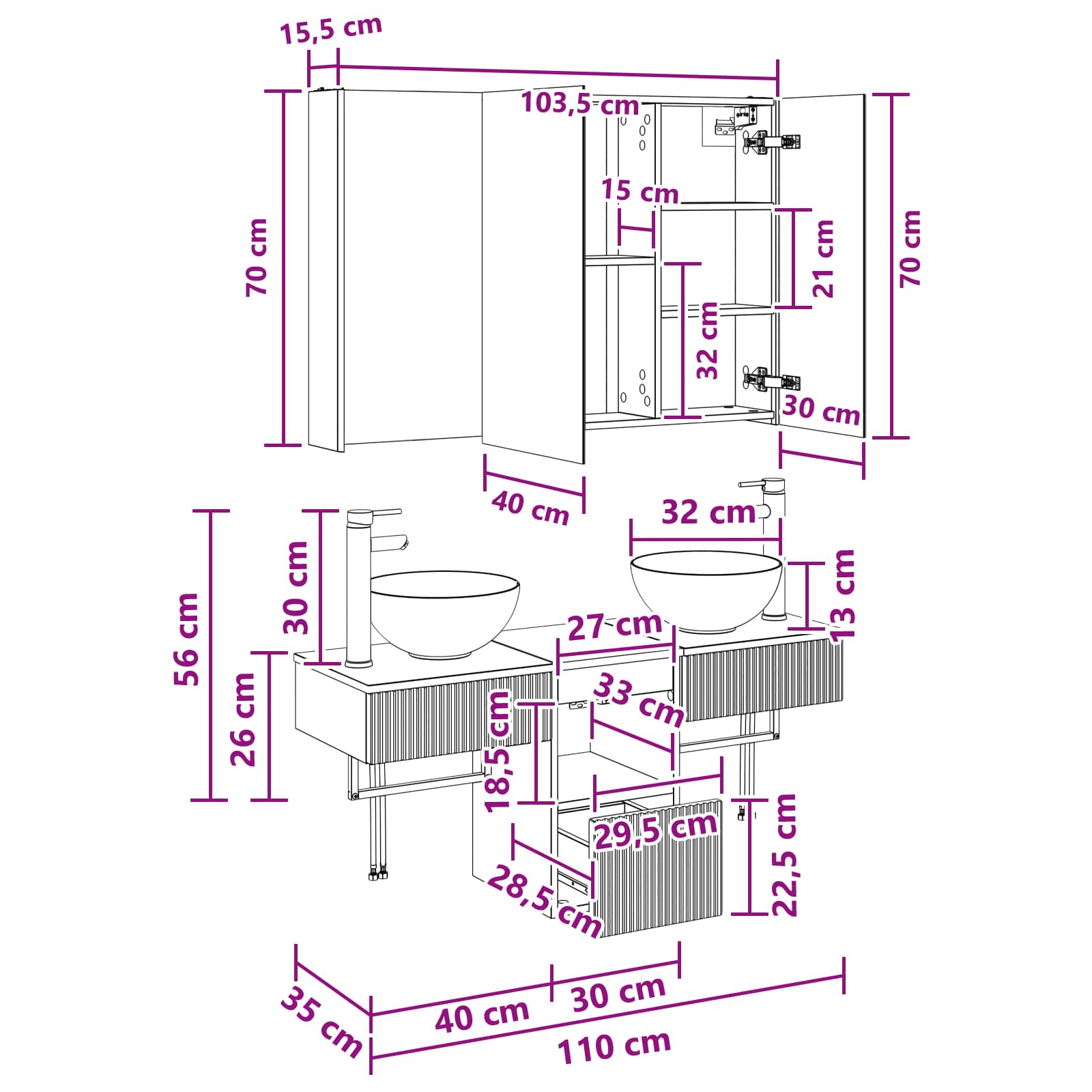 Komplet omaric za kopalnico 4 pcs Bela 103,5 x 15,5 x 70 cm - slika 12