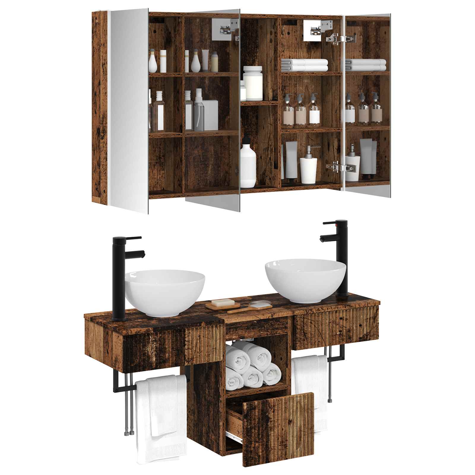 Комплект шкафове за баня 4 pcs Старо дърво 103,5 x 15,5 x 70 см – изображение 3