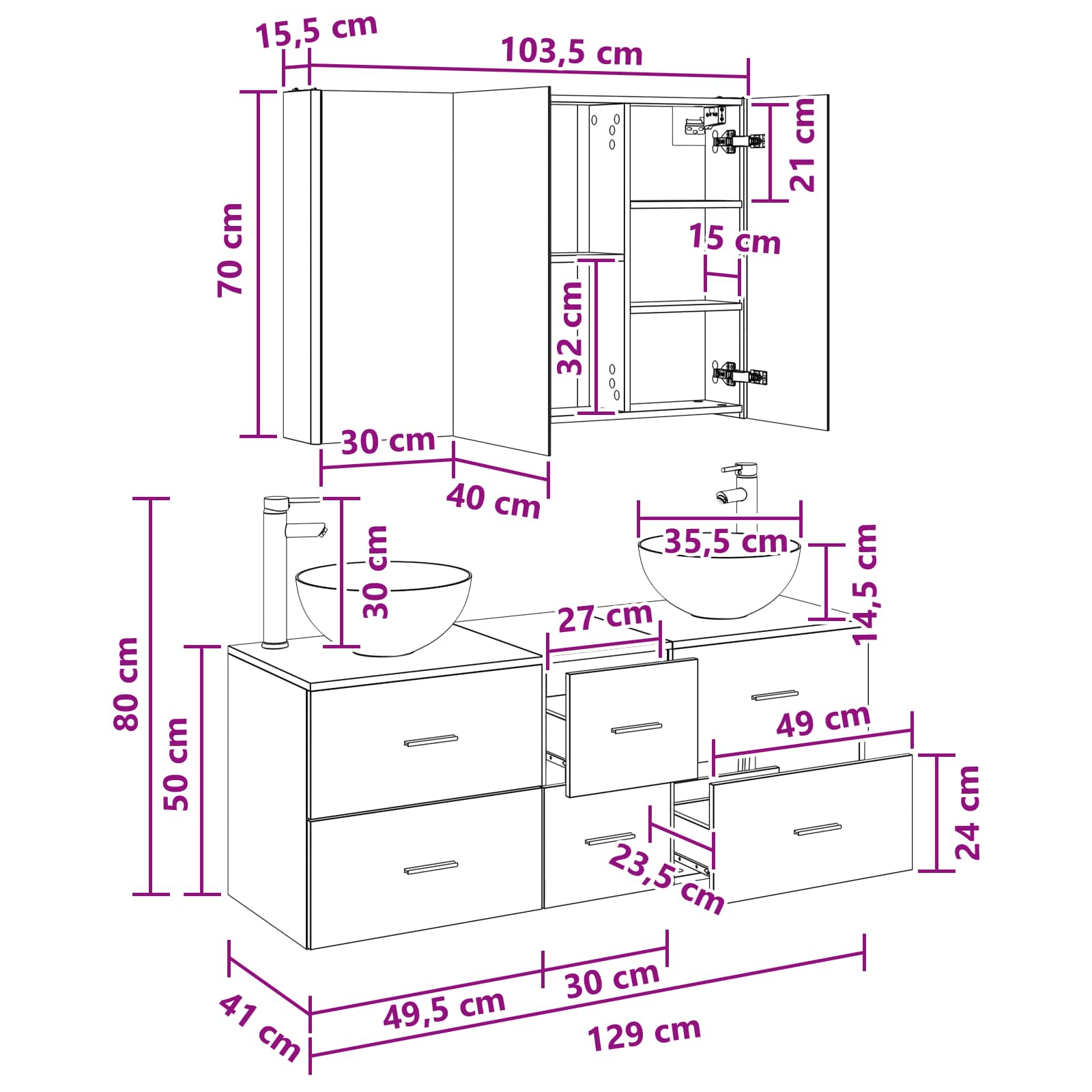 Badrumsmöbelset 4 pcs Betonggrå Konstruerat trä och glas
