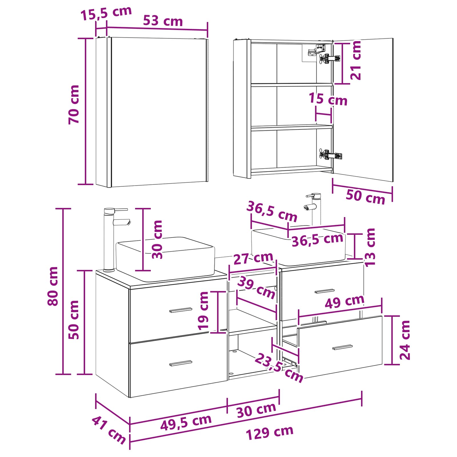 Badrumsmöbelset 5 pcs Gammalt trä Konstruerat trä och glas