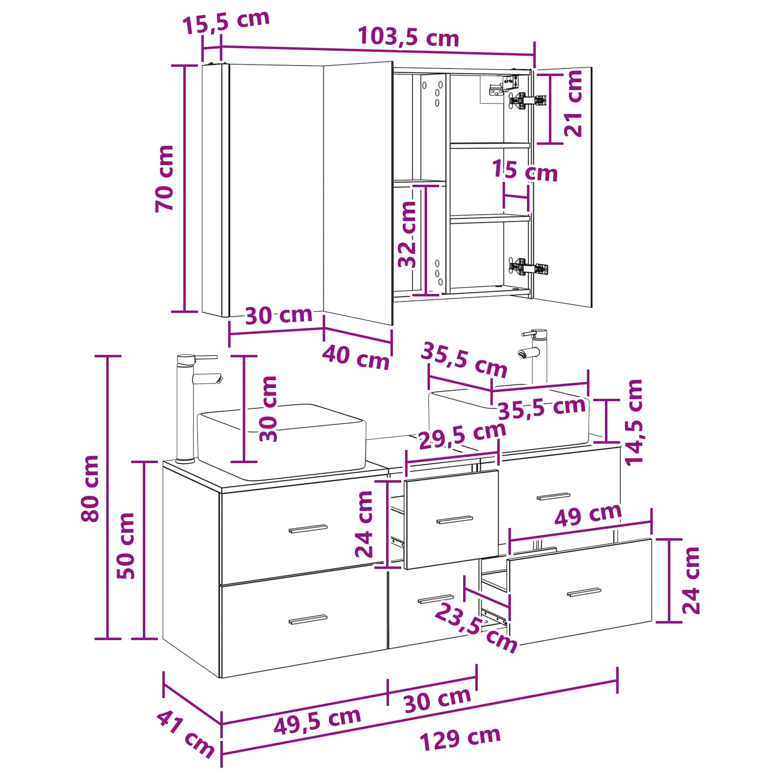 Badrumsmöbelset 4 pcs Betonggrå Konstruerat trä och glas