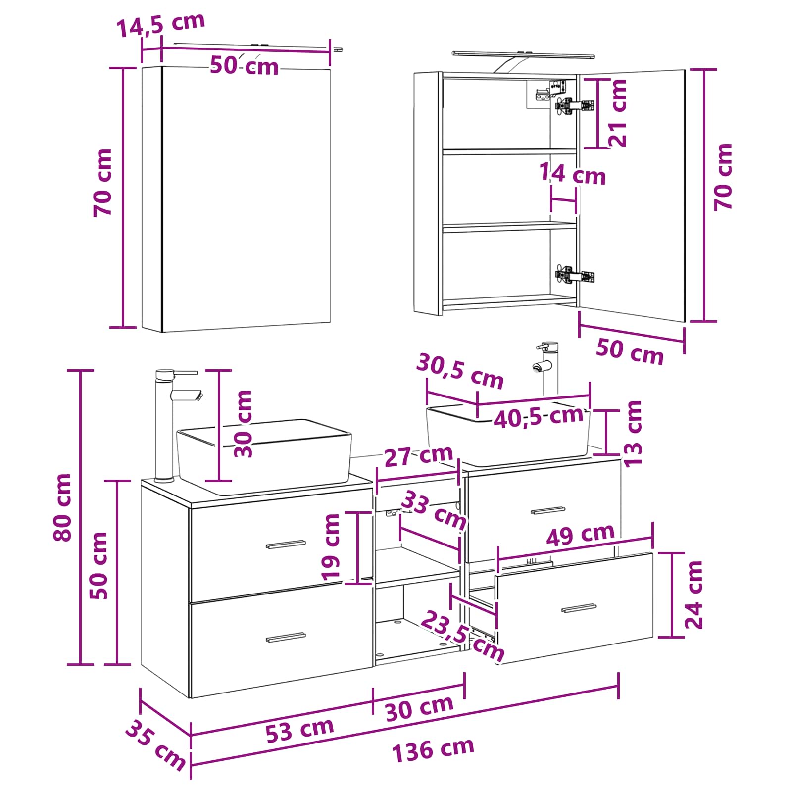 Badrumsmöbelset 5 pcs Gammalt trä Konstruerat trä och glas