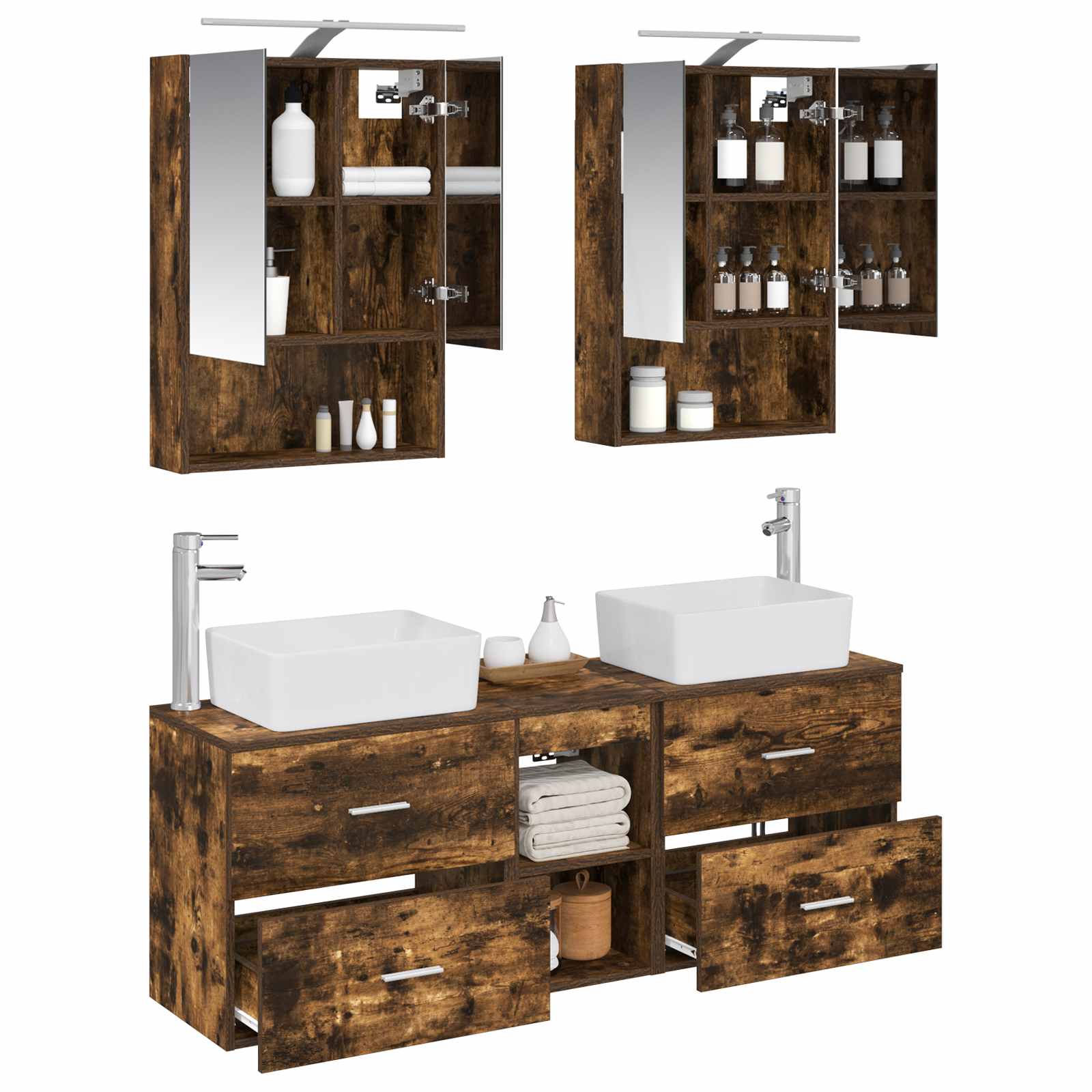vidaXL - Badkamermeubel - Set - 5 - st - Gerookt - eiken - Bewerkt - hout - en - glas