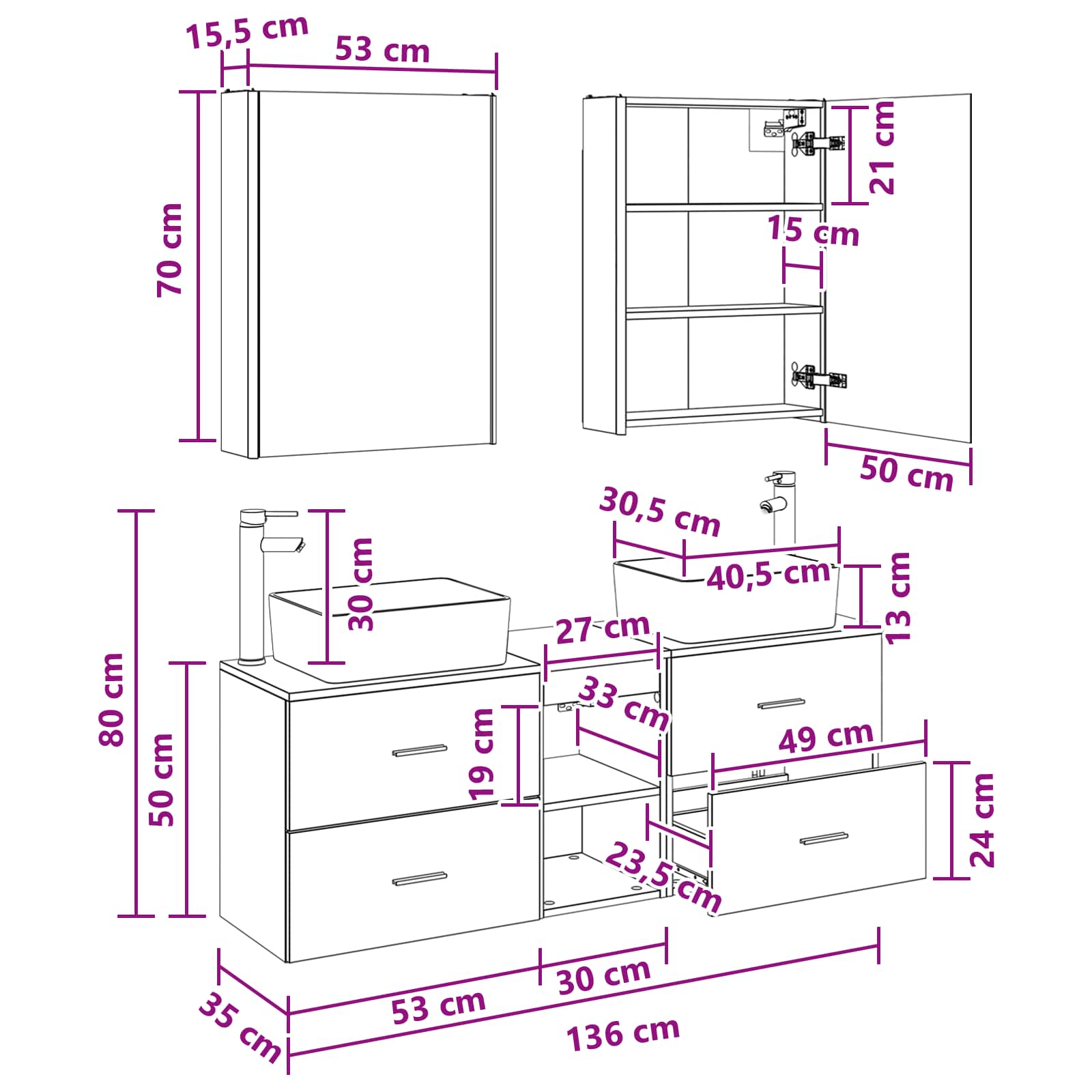Badrumsmöbelset 5 pcs Gammalt trä Konstruerat trä och glas