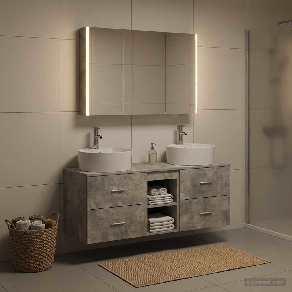 Badrumsmöbelset 4 pcs Betonggrå Konstruerat trä och glas