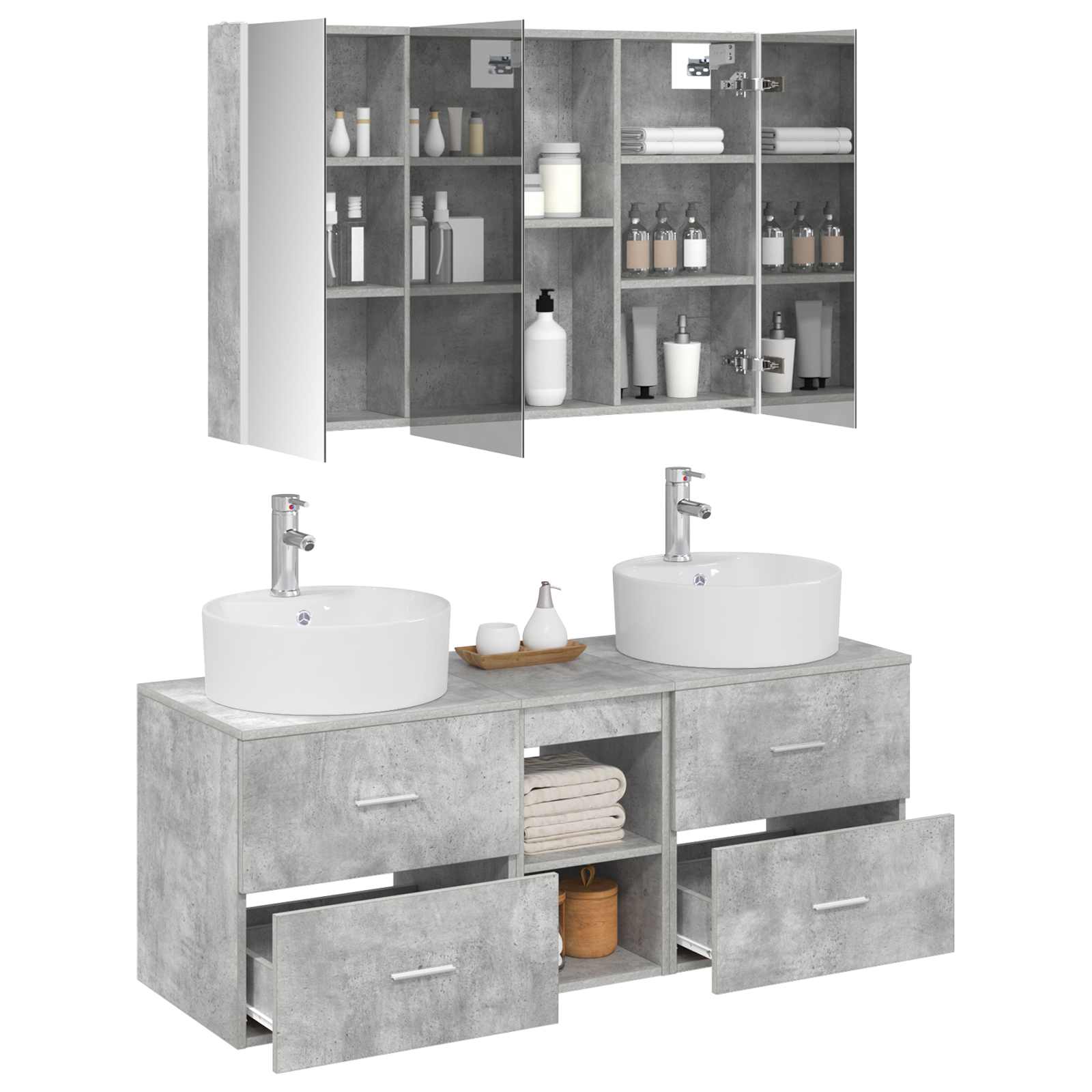 Badrumsmöbelset 4 pcs Betonggrå Konstruerat trä och glas