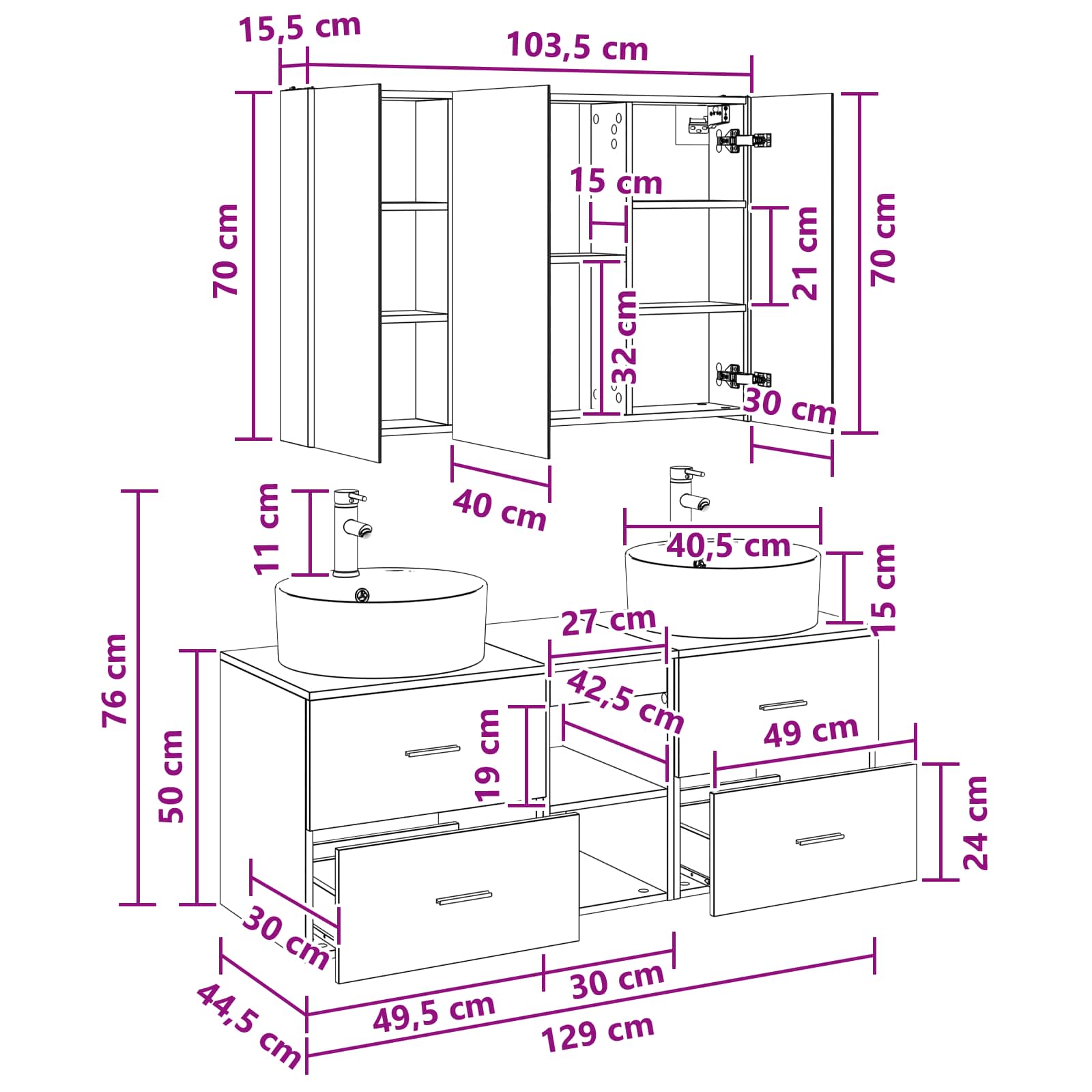 Badrumsmöbelset 4 pcs Betonggrå Konstruerat trä och glas