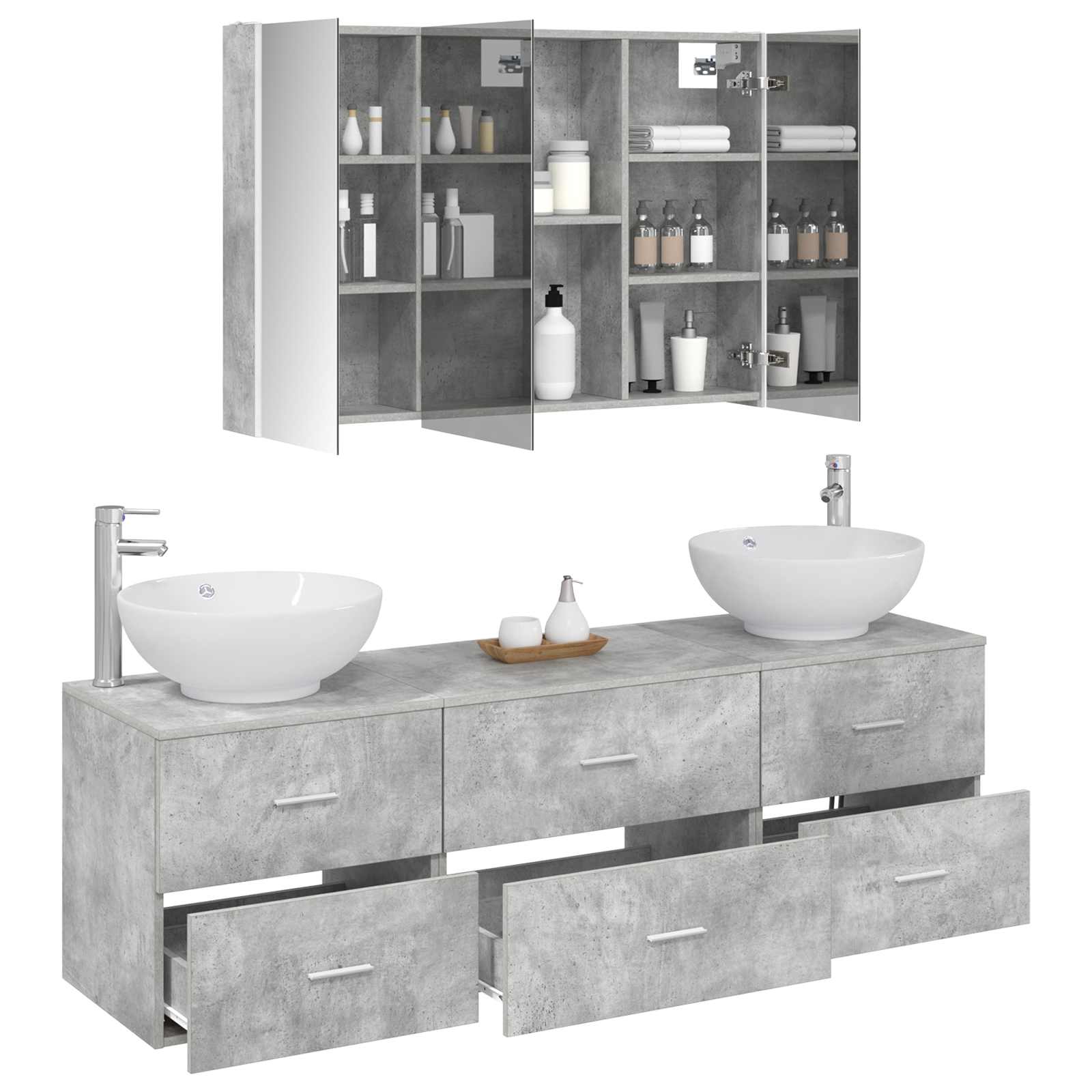 Badrumsmöbelset 4 pcs Betonggrå Konstruerat trä och glas
