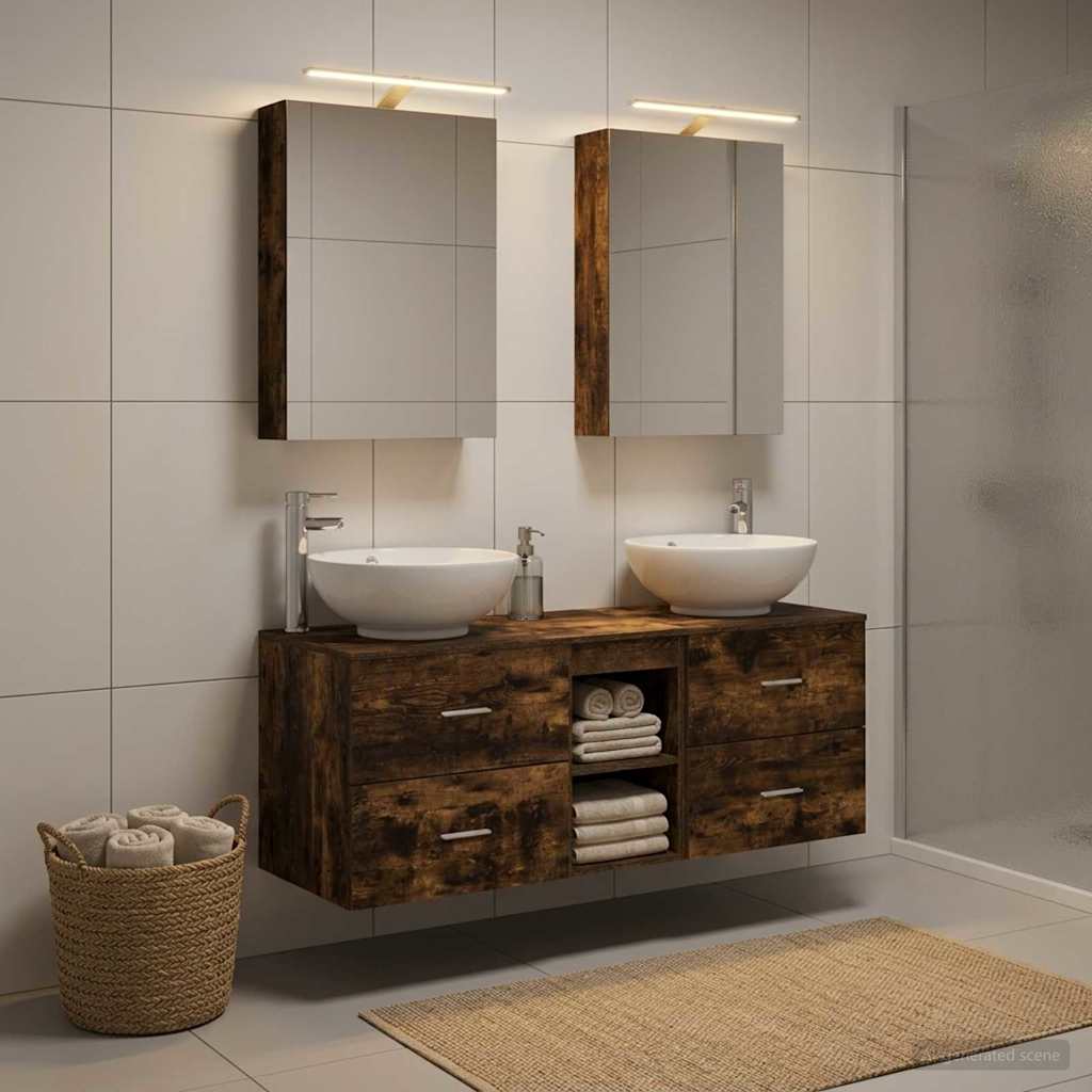 Badrumsmöbelset 5 pcs Rökt ek Konstruerat trä och glas