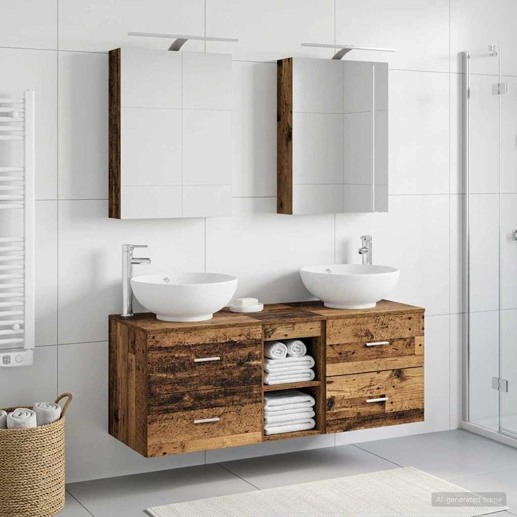 Badrumsmöbelset 5 pcs Gammalt trä Konstruerat trä och glas