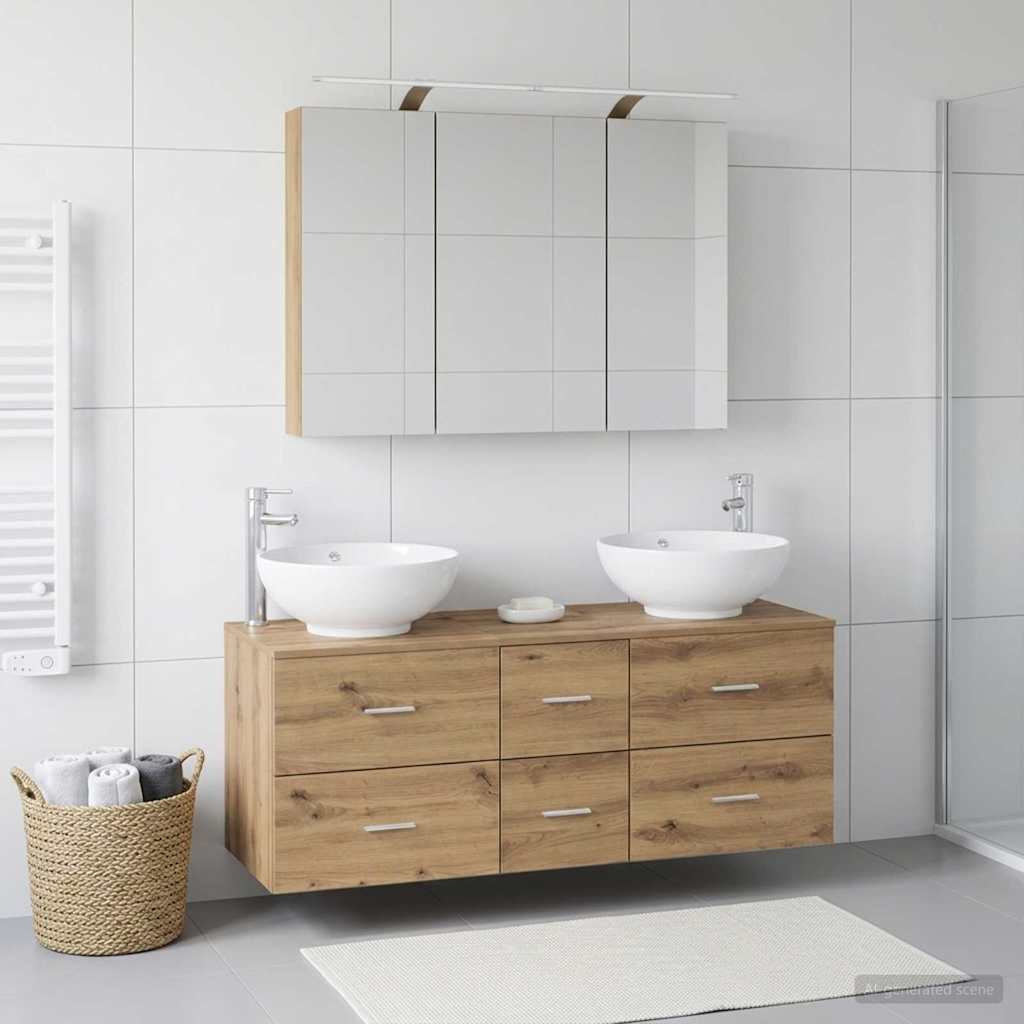 Badkamermeubelset 4 pcs Artisanaal eiken Bewerkt hout en glas - Afbeelding 4