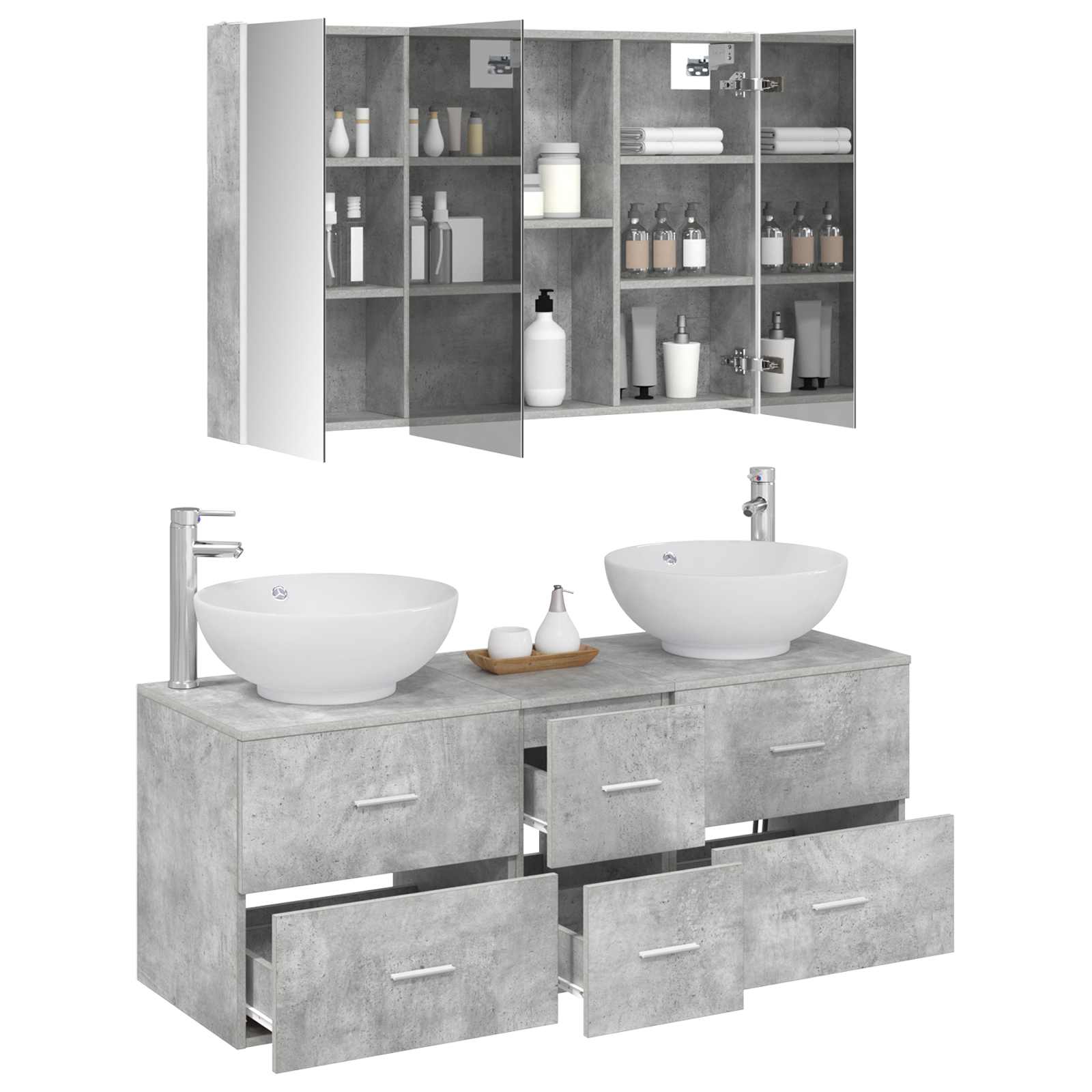 Badrumsmöbelset 4 pcs Betonggrå Konstruerat trä och glas
