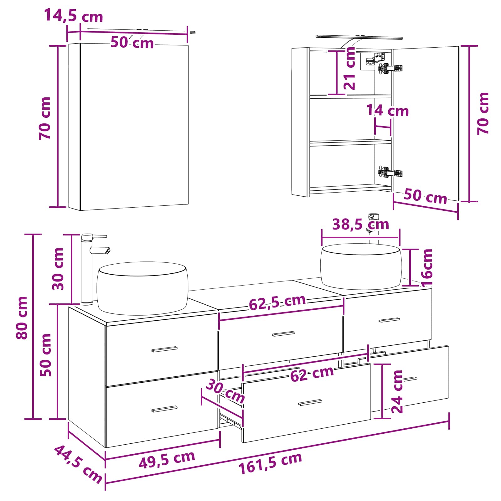 Badrumsmöbelset 5 pcs Gammalt trä Konstruerat trä och glas