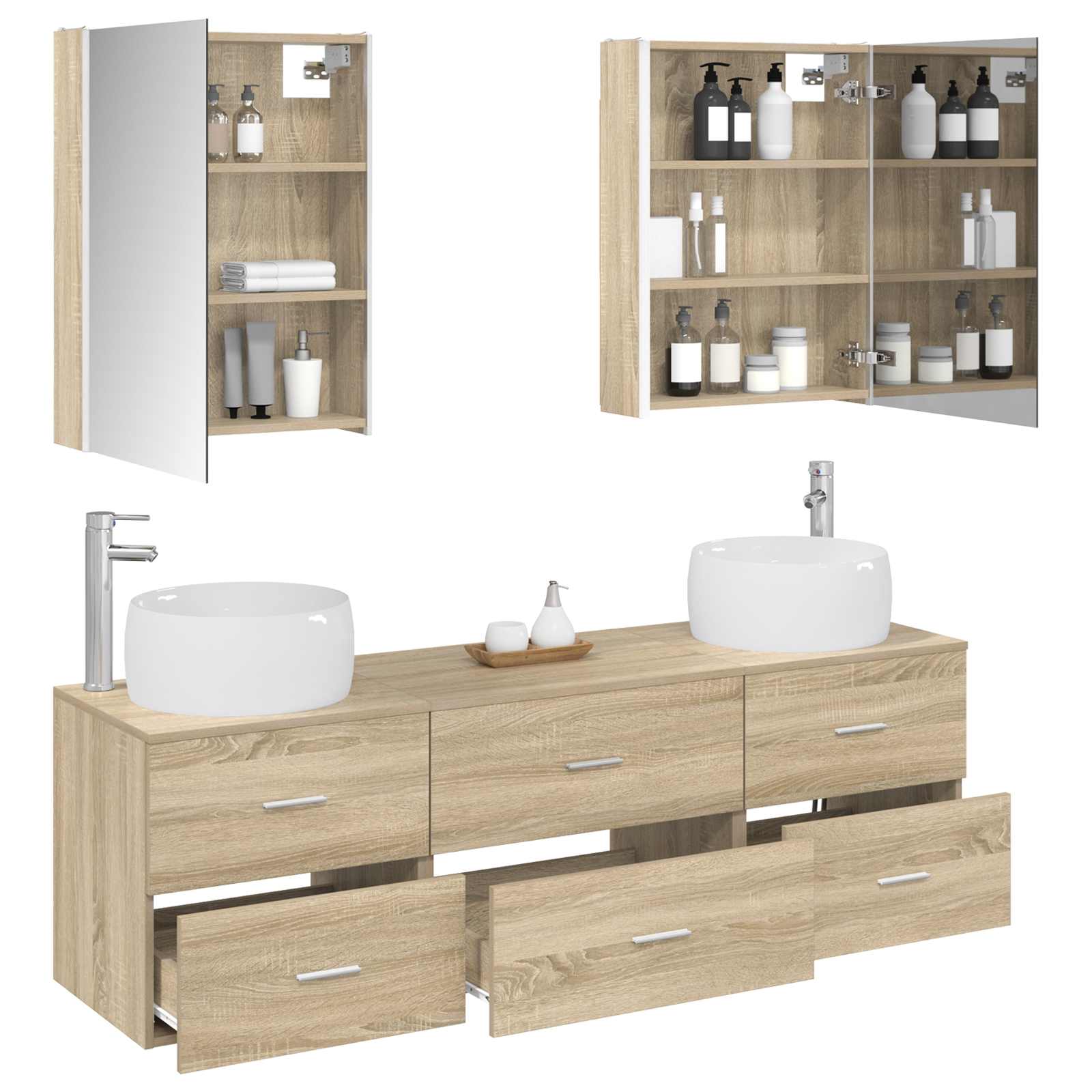 Vannitoa mööbleset 5 pcs Sonoma tamm Tehispuit ja klaas 3 Kõik vajalik sinu aeda ja koju! Vannitoa mööbleset 5 pcs Sonoma tamm Tehispuit ja klaas - Image 3