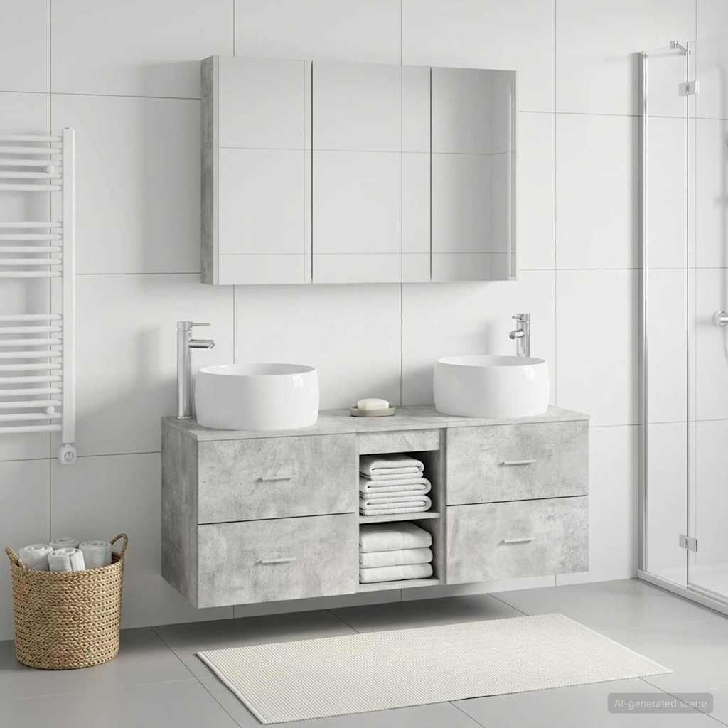 Badkamermeubelset 4 pcs Betongrijs Bewerkt hout en glas - Afbeelding 4