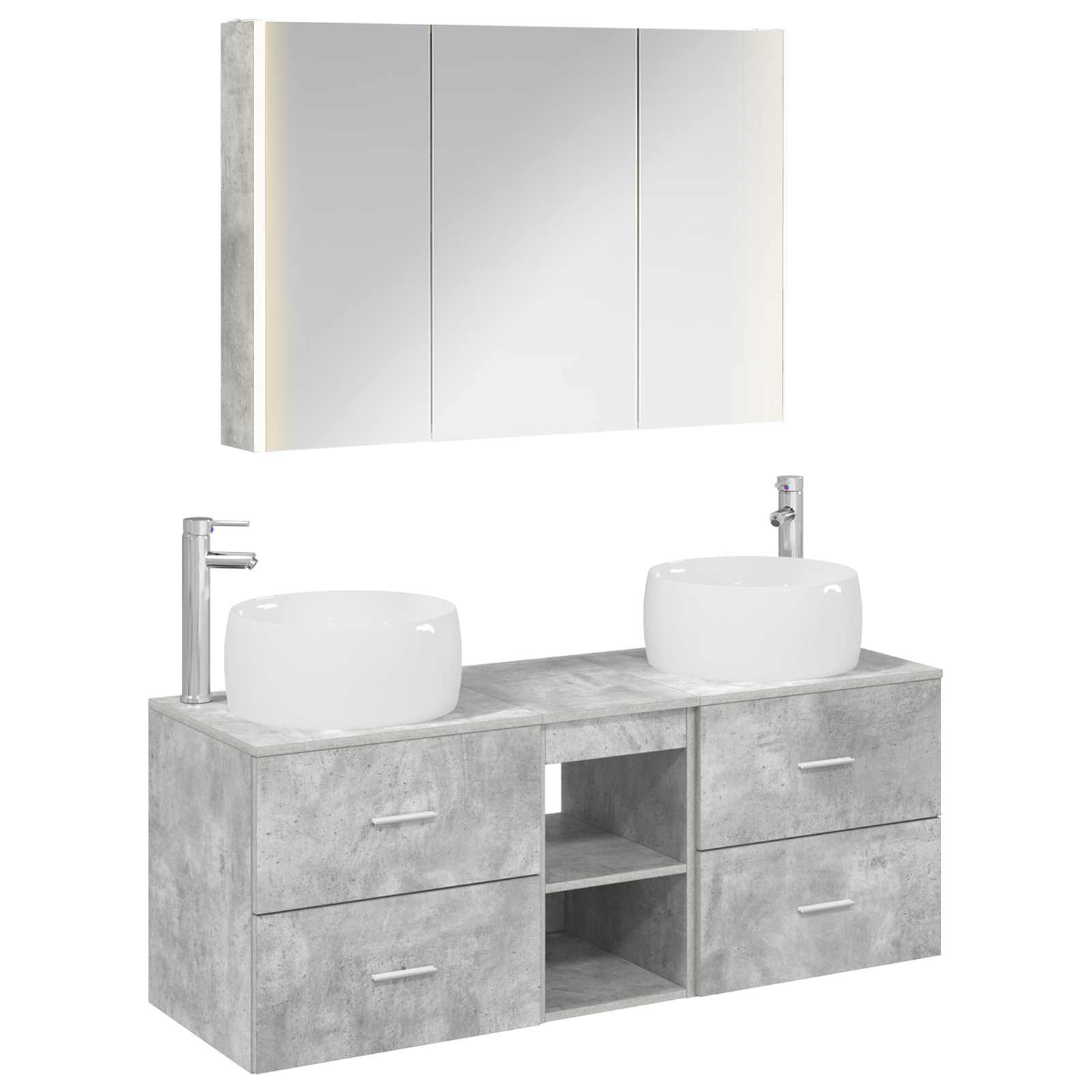 Badkamermeubelset 4 pcs Betongrijs Bewerkt hout en glas - Afbeelding 2