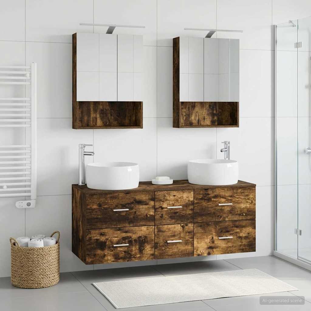 Badkamermeubelset 5 pcs Gerookt eiken Bewerkt hout en glas