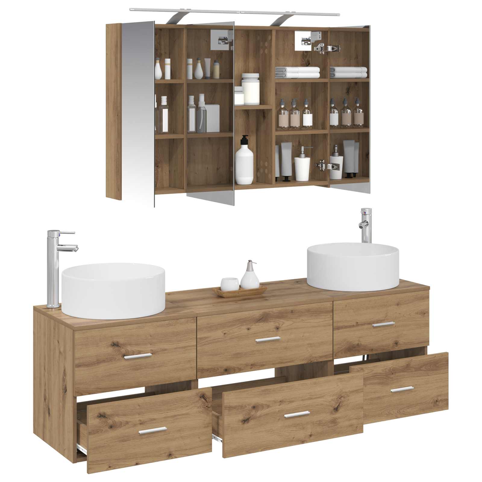 vidaXL Badezimmermöbel-Set 4 pcs Artisan-Eiche Ingenieurholz und Glas
