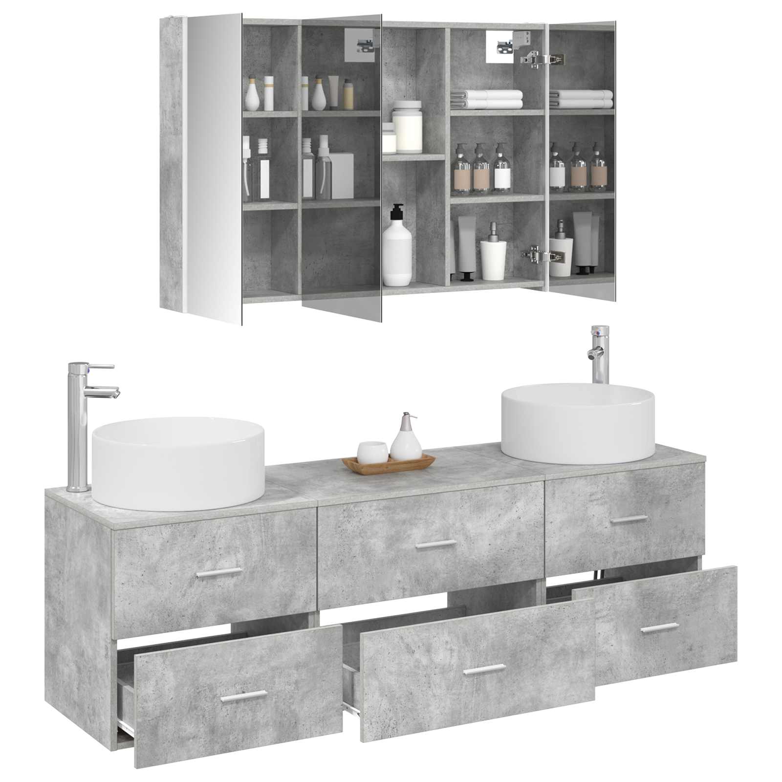 Badrumsmöbelset 4 pcs Betonggrå Konstruerat trä och glas