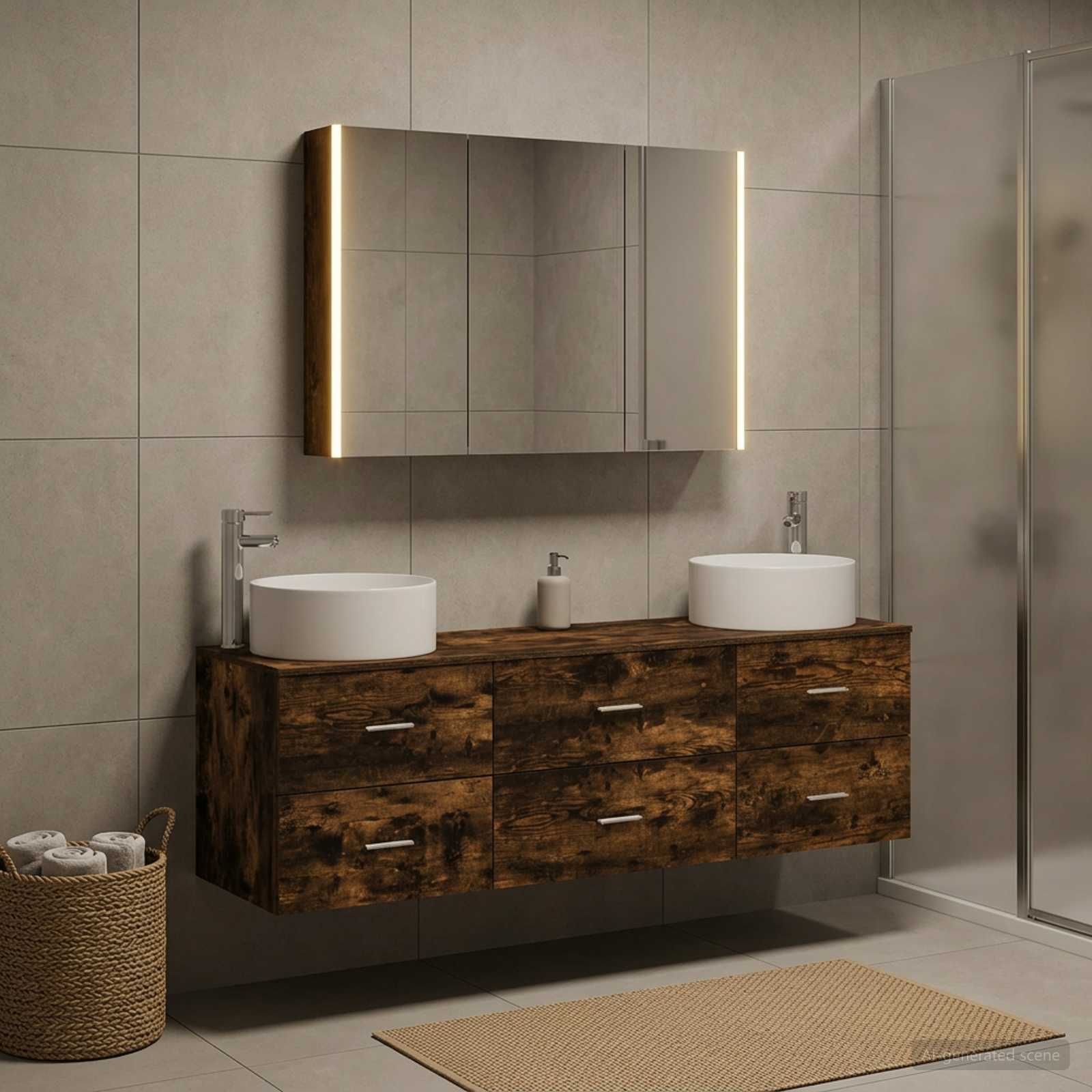 Badrumsmöbelset 4 pcs Rökt ek Konstruerat trä och glas