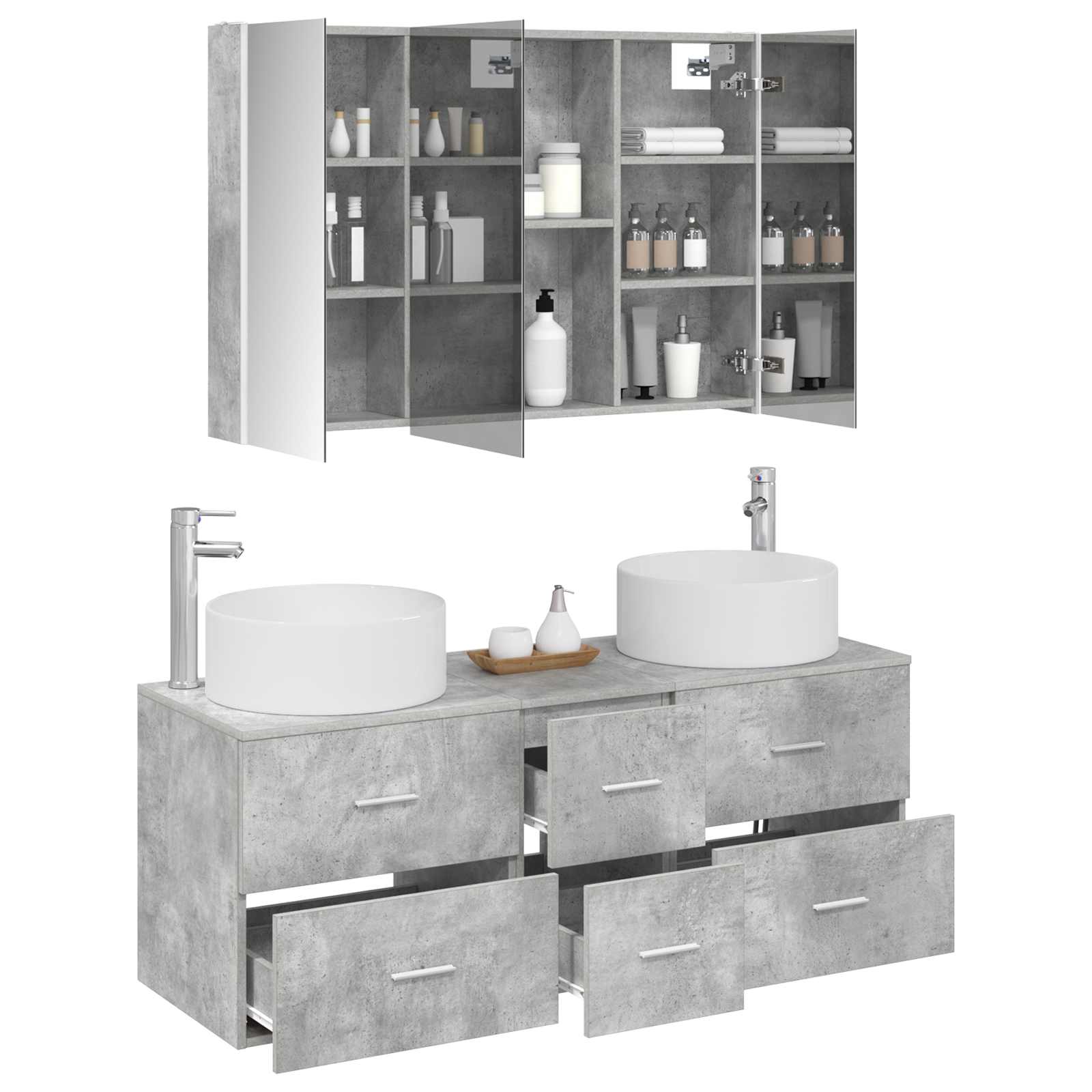 Badrumsmöbelset 4 pcs Betonggrå Konstruerat trä och glas