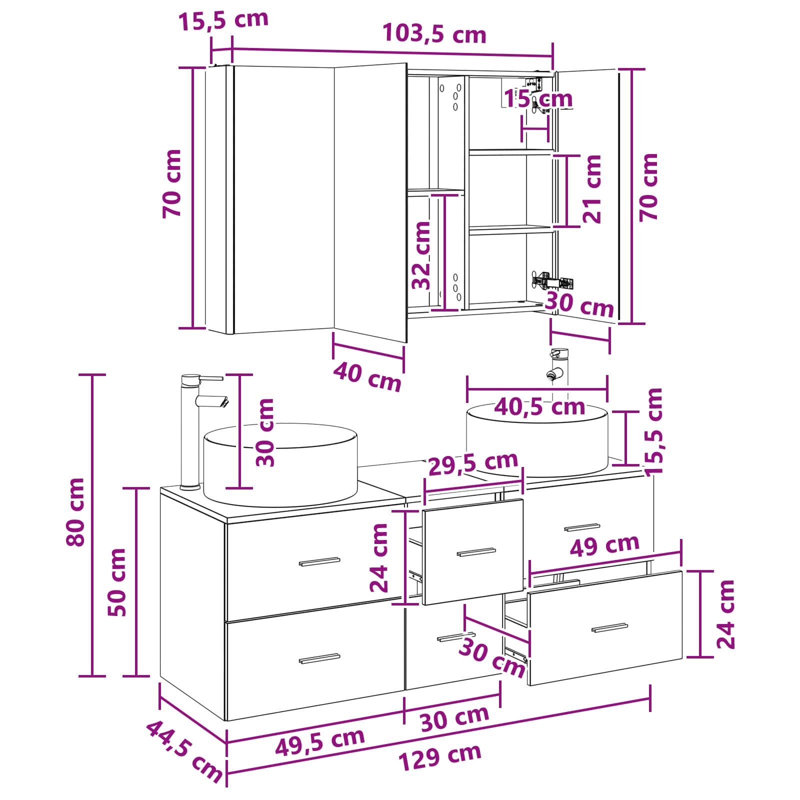 Badrumsmöbelset 4 pcs Betonggrå Konstruerat trä och glas