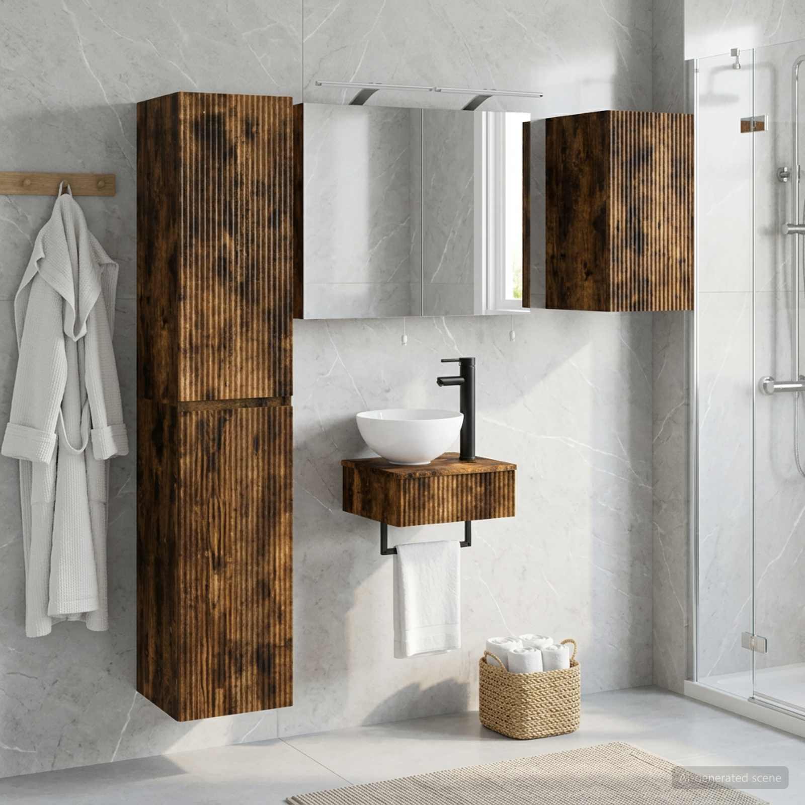Badkamermeubelset 5 pcs Gerookt eiken Bewerkt hout en glas