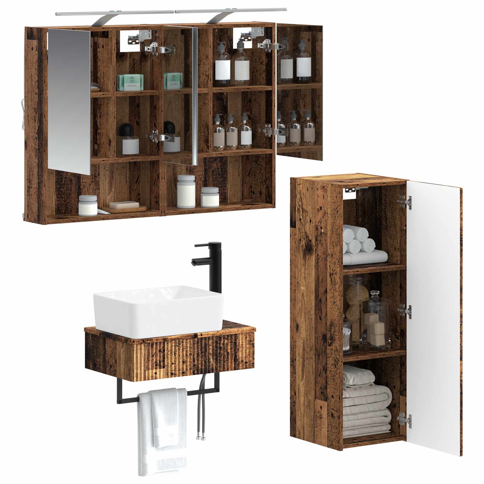 Комплект шкафове за баня 4 pcs Старо дърво 50 x 14,5 x 70 см – изображение 2