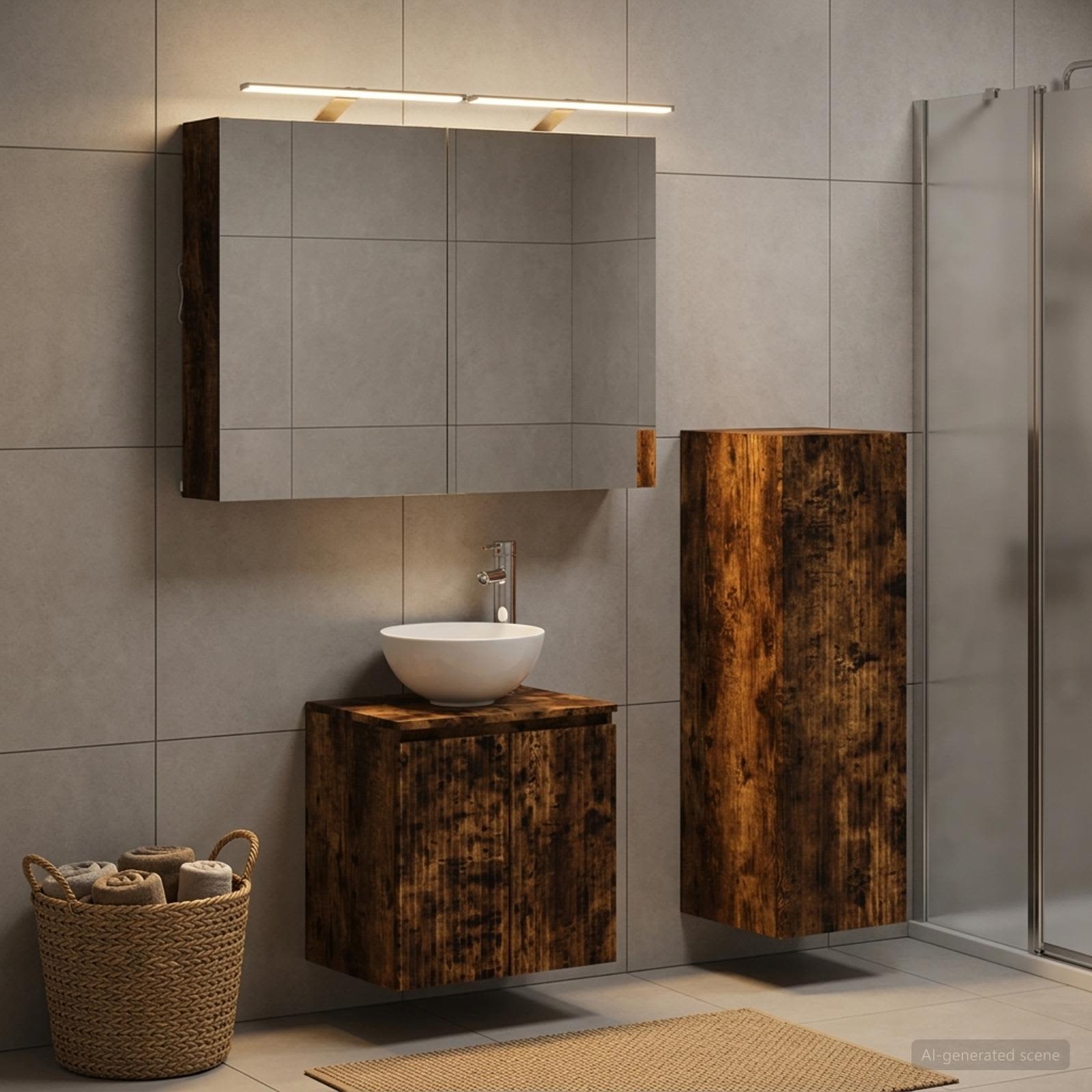 Badkamermeubelset 4 pcs Gerookt eiken Bewerkt hout en glas
