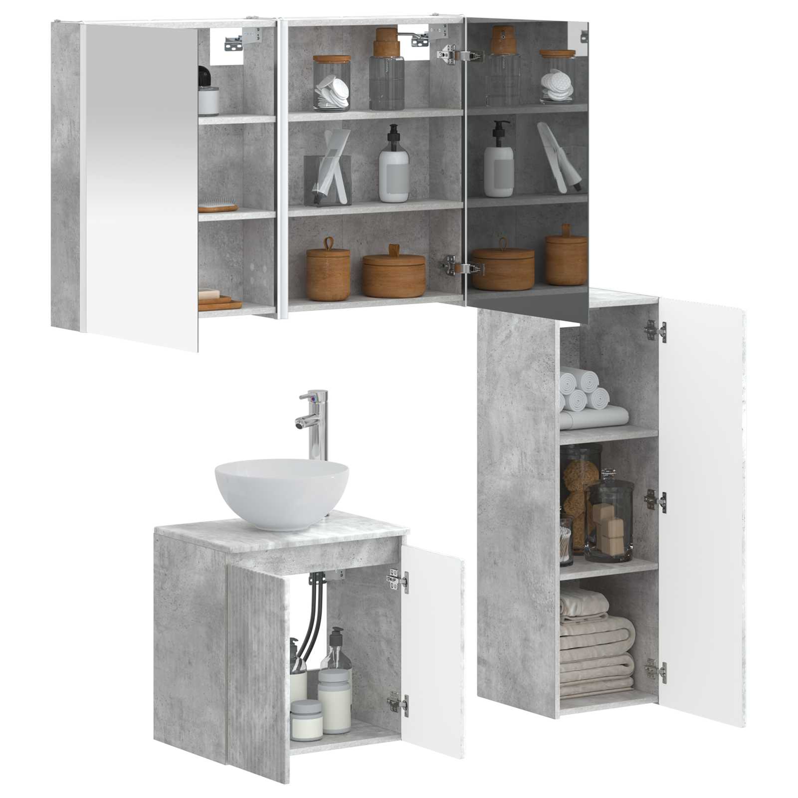 Badkamermeubelset 4 pcs Betongrijs Bewerkt hout en glas - Afbeelding 3