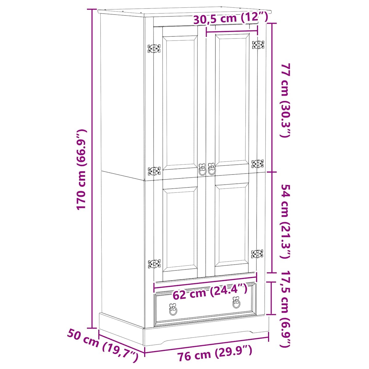 Garderober med skuffe 76 x 50 x 170 cm Massiv fyrretræ - Billede 9