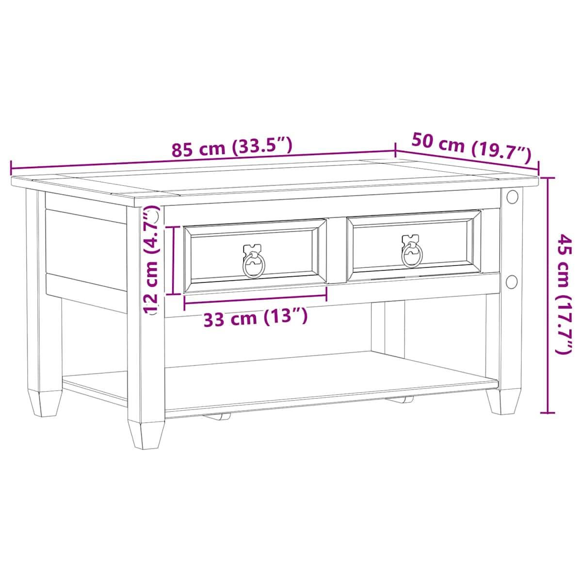 Sofabord med skuffe 85 x 50 x 45 cm Massiv fyrretræ - Billede 9