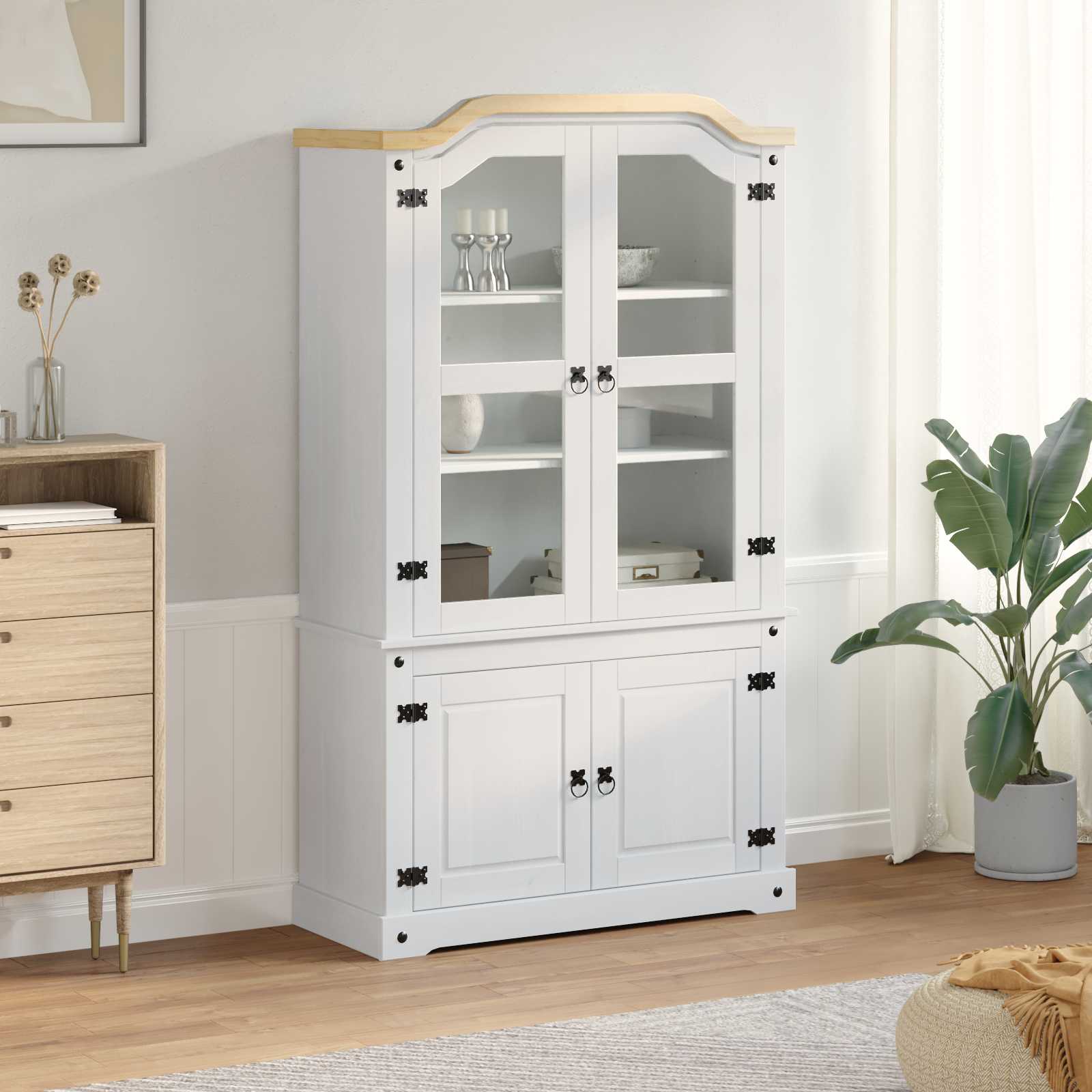 vidaXL Vitrine Weiß 103,5 x 42 x 180 cm Massives Kiefernholz