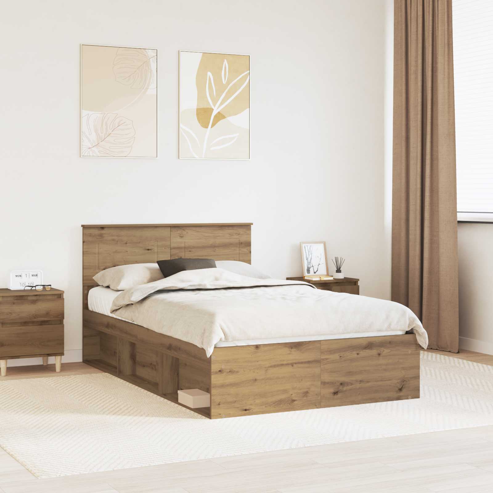Bedframe Ambachtelijk eiken 135 x 190 cm Bewerkt hout